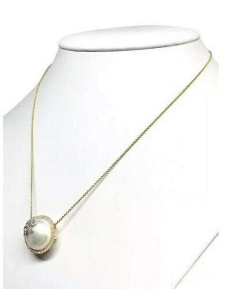 Diamond Freshwater Pearl 18k Yellow Gold Necklace 15.35 mm Certified For Sale 2