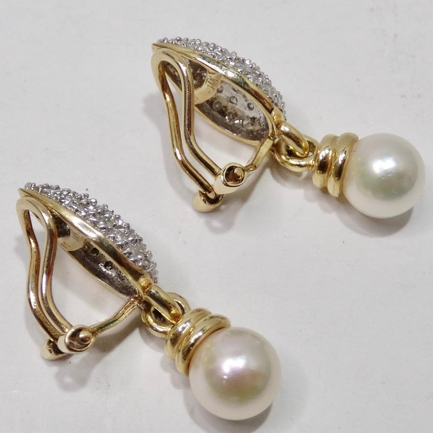 Women's or Men's Diamond Freshwater Pearl Drop Earrings 14K Gold