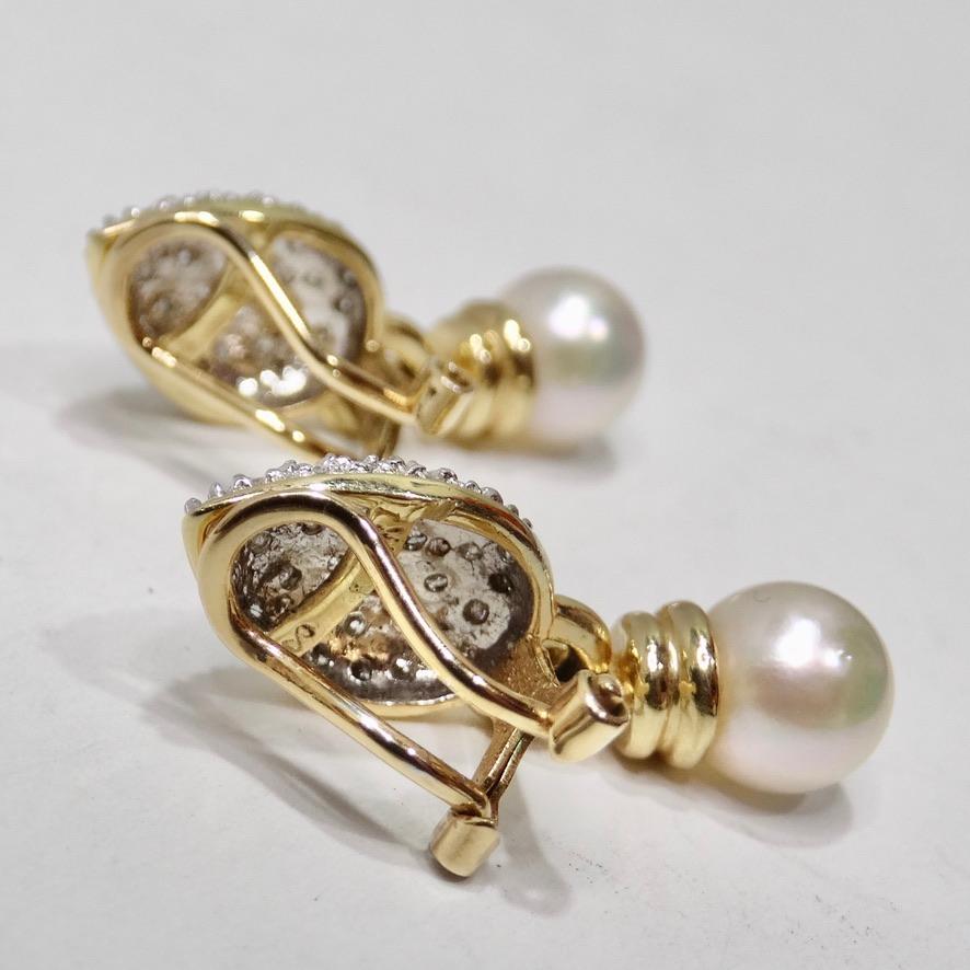 Diamond Freshwater Pearl Drop Earrings 14K Gold 1