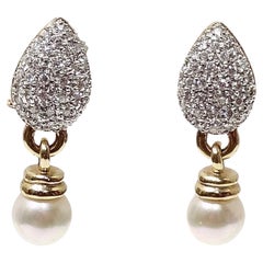 Vintage Diamond Freshwater Pearl Drop Earrings 14K Gold