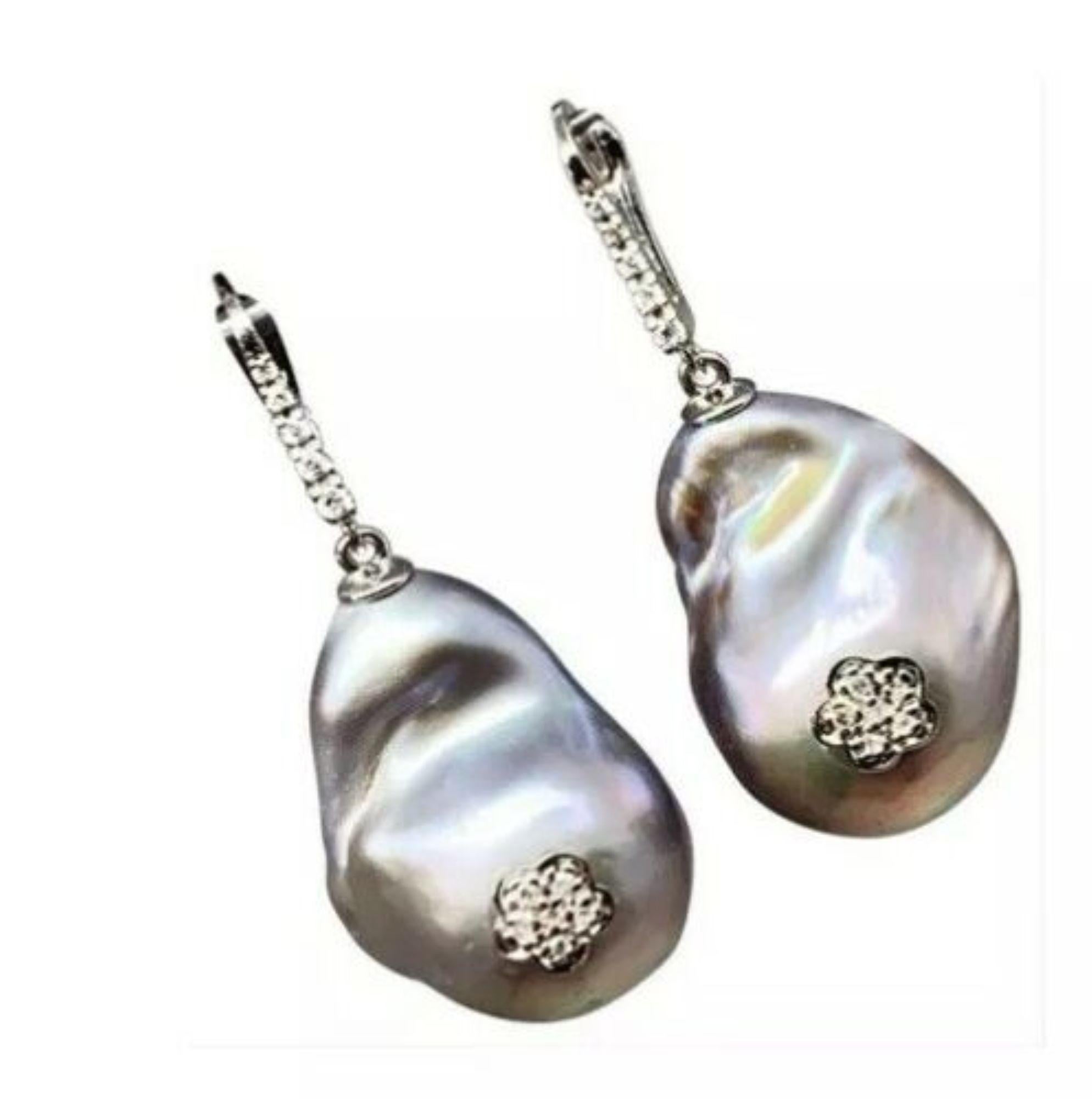 Diamond Freshwater Pearl Earrings 14 Karat Gold Grey 23.2 Mm Certified For Sale 5