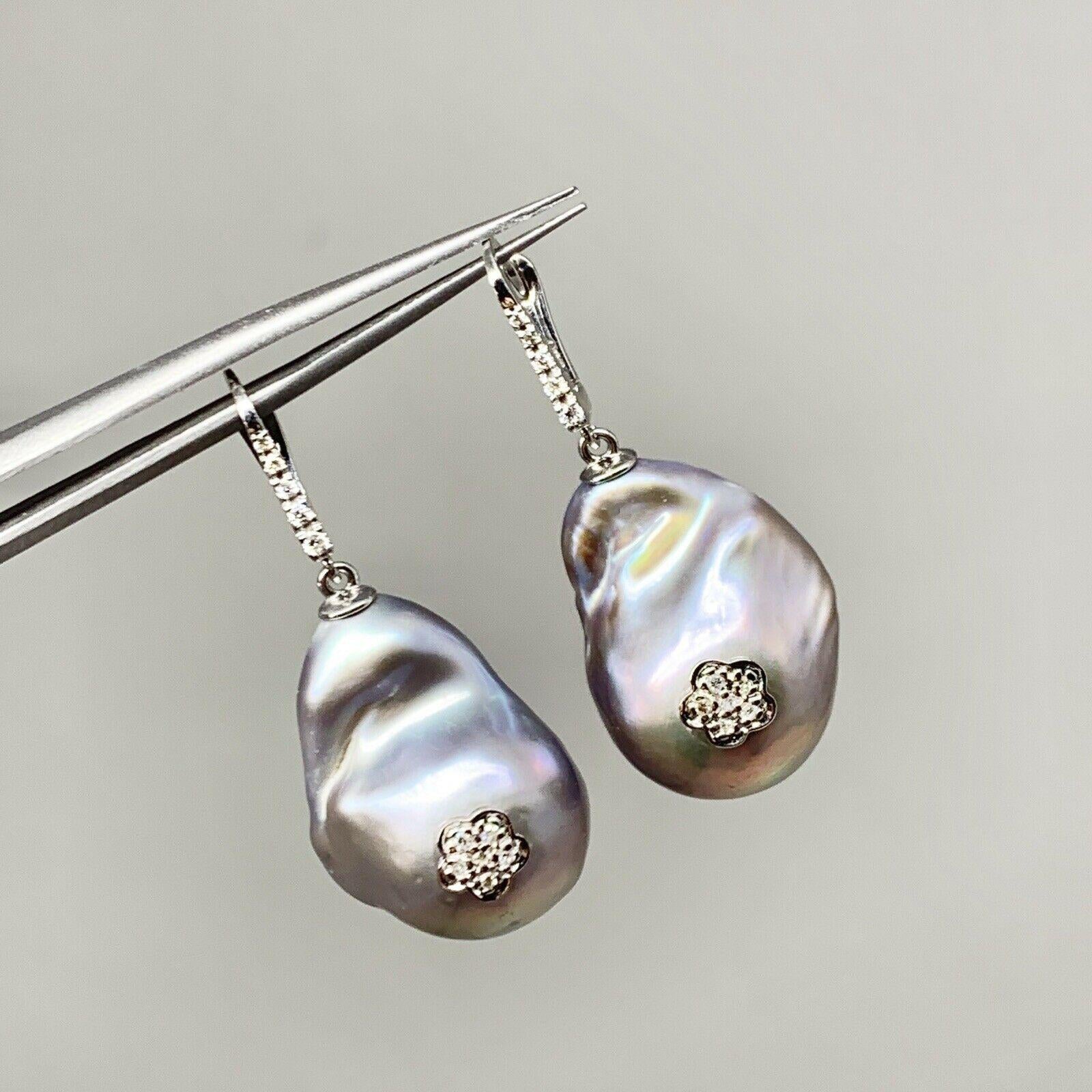 Diamond Freshwater Pearl Earrings 14 Karat Gold Grey 23.2 Mm Certified In New Condition For Sale In Brooklyn, NY