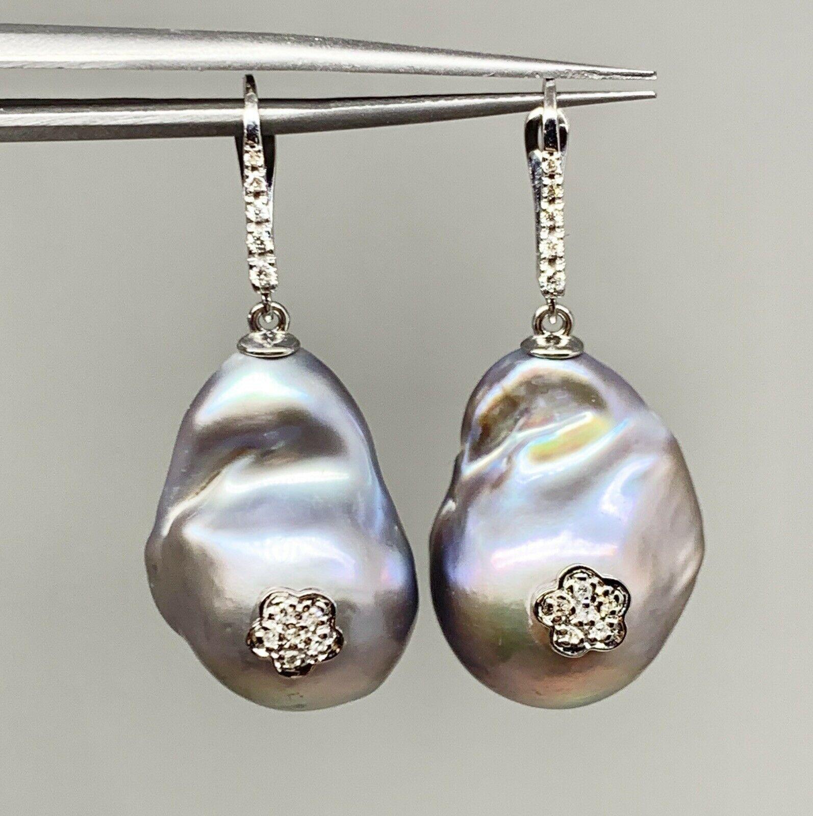 Diamond Freshwater Pearl Earrings 14 Karat Gold Grey 23.2 Mm Certified For Sale 1