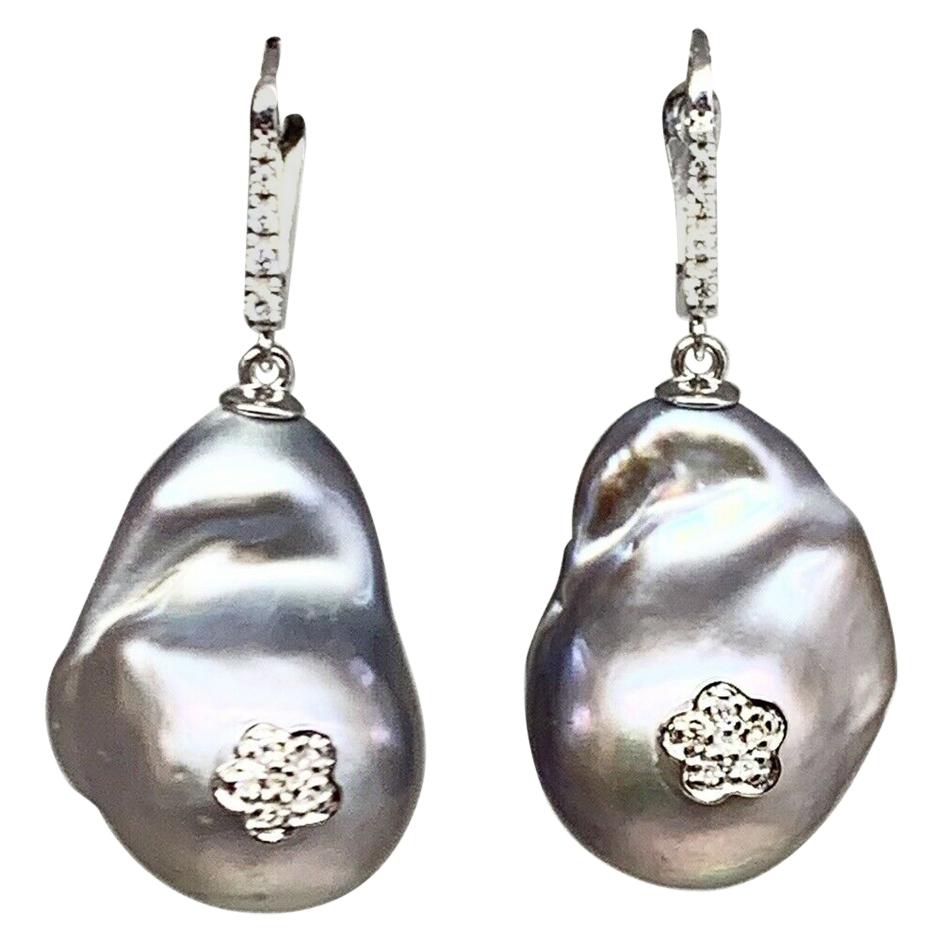 Diamond Freshwater Pearl Earrings 14 Karat Gold Grey 23.2 Mm Certified