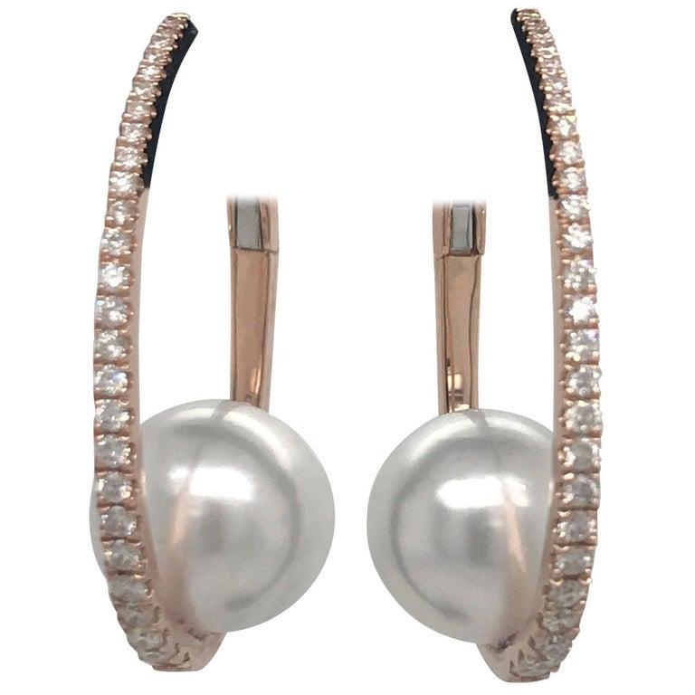 Diamond Freshwater Pearl Hoop Earrings 0.50 Carats 18 Karat White Gold 10-11 MM For Sale 5