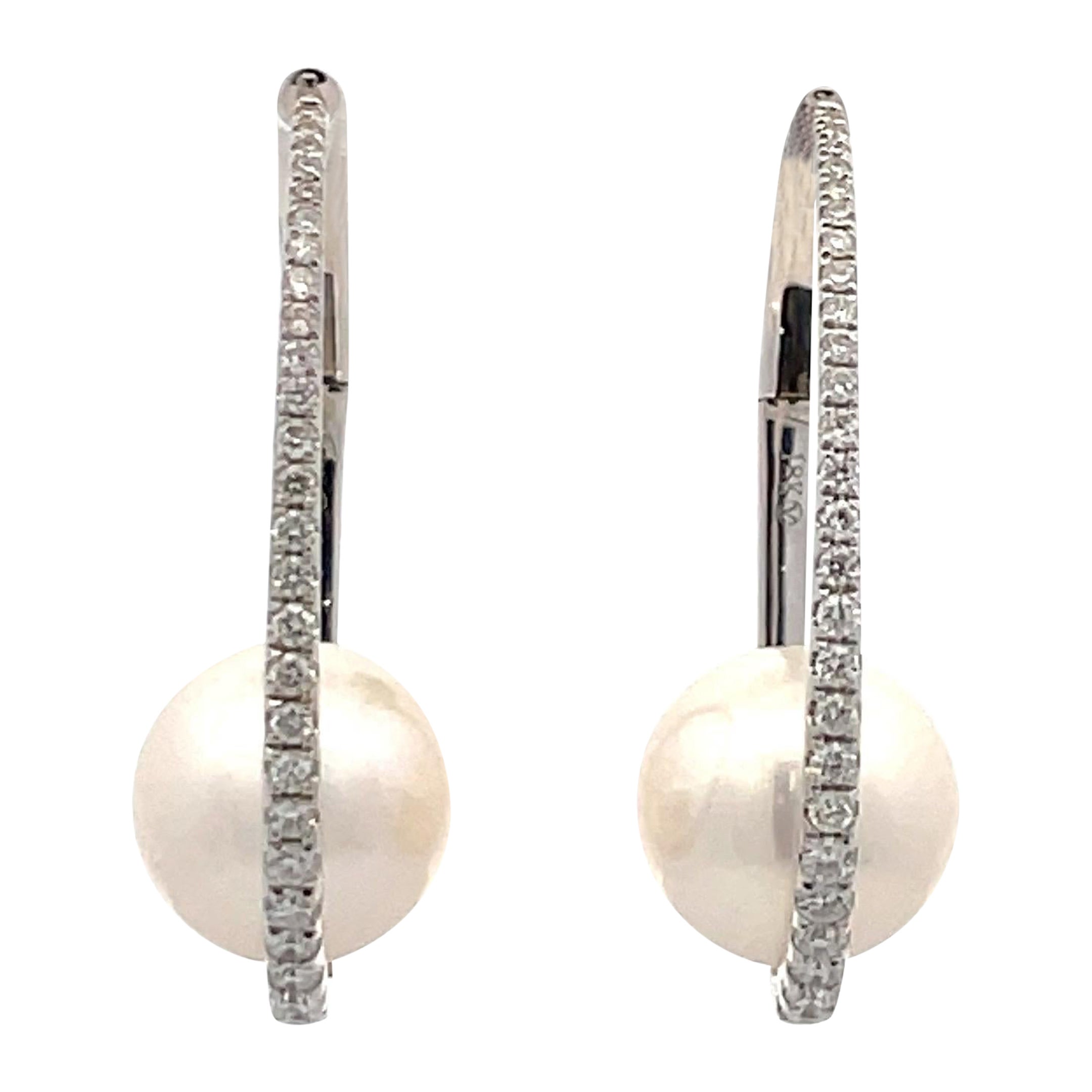 Diamond Freshwater Pearl Hoop Earrings 0.50 Carats 18 Karat White Gold 10-11 MM For Sale