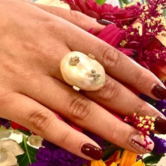 Diamond Freshwater Pearl Ring 14Karat Gold Baroque Women 33.45 mm Certified
