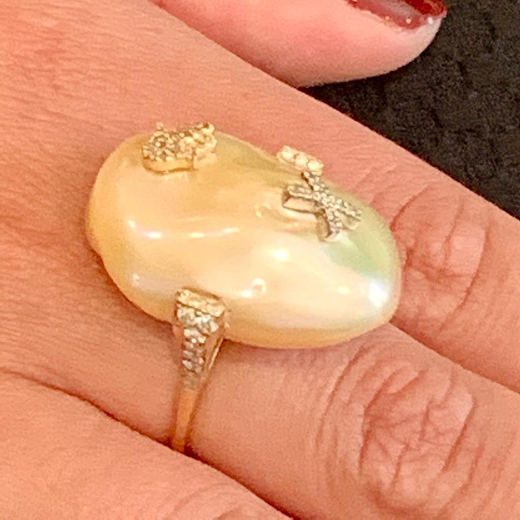 Modern Diamond Freshwater Pearl Ring 14Karat Gold Baroque Women 33.45 mm Certified For Sale