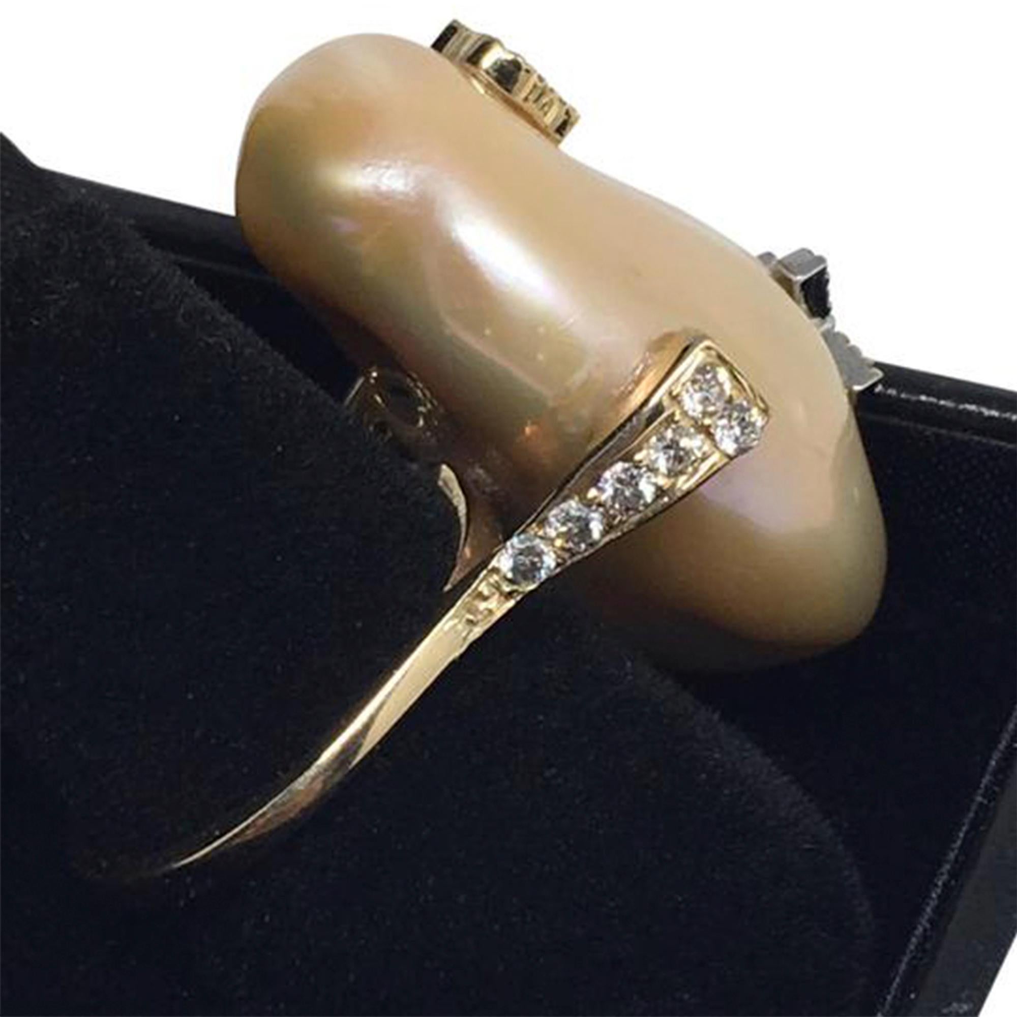 Uncut Diamond Freshwater Pearl Ring 14Karat Gold Baroque Women 33.45 mm Certified For Sale