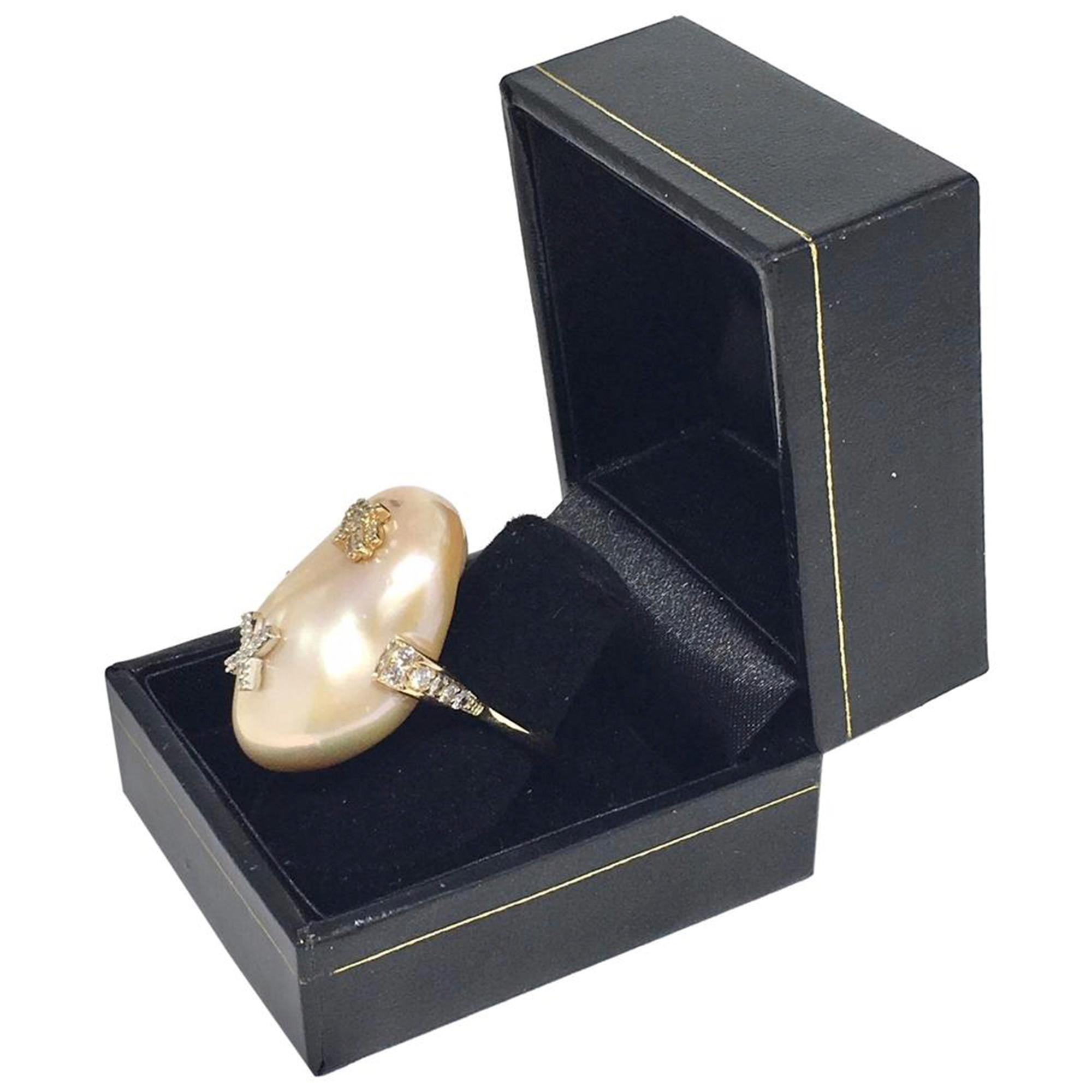 Diamond Freshwater Pearl Ring 14Karat Gold Baroque Women 33.45 mm Certified In New Condition For Sale In Brooklyn, NY