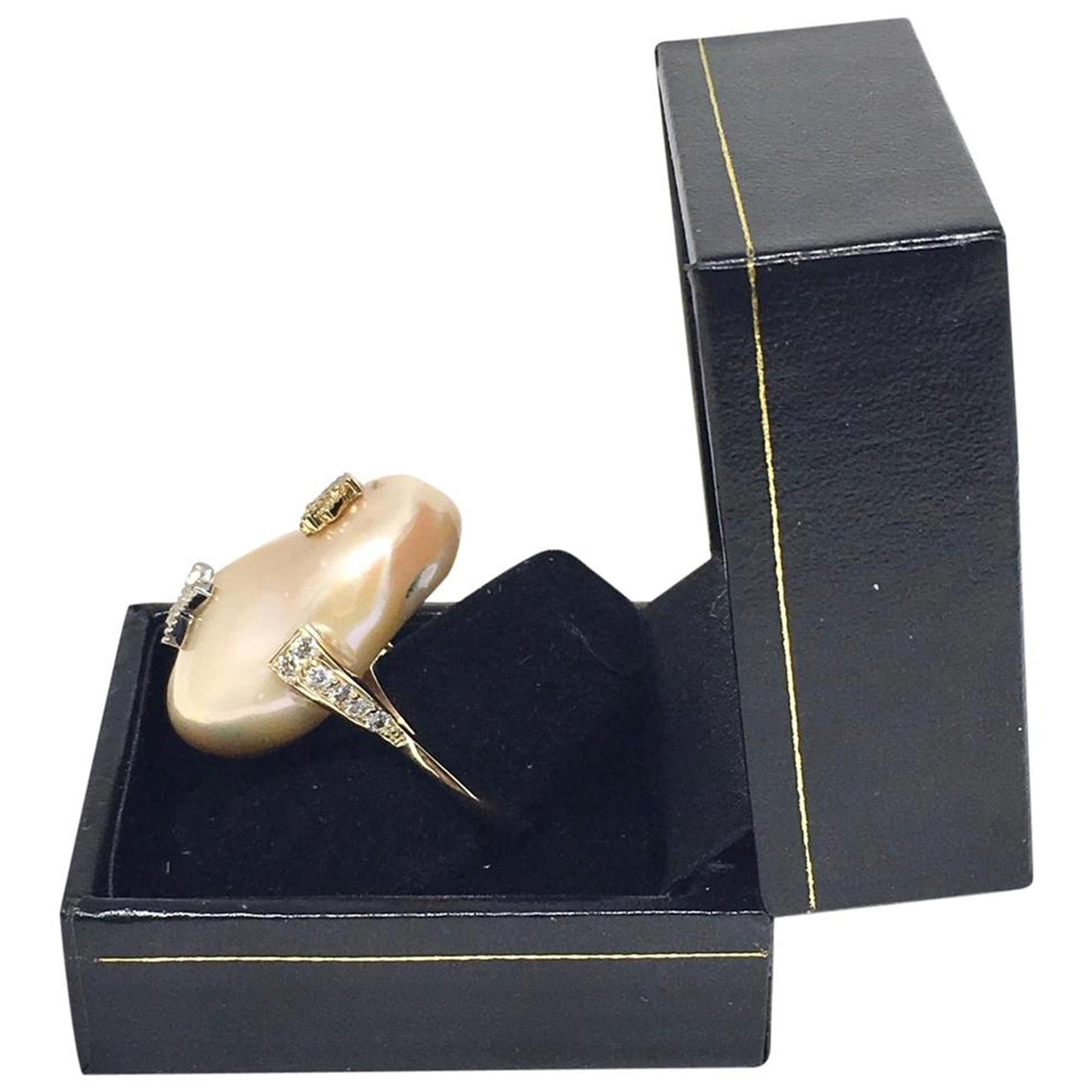 Diamond Freshwater Pearl Ring 14Karat Gold Baroque Women 33.45 mm Certified For Sale 1