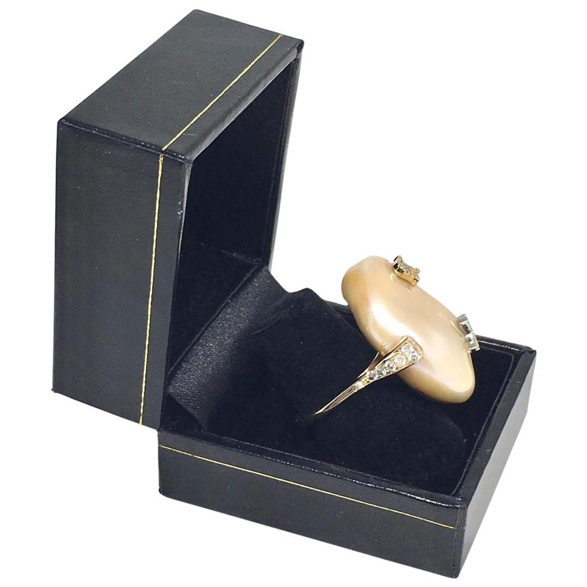 Diamond Freshwater Pearl Ring 14Karat Gold Baroque Women 33.45 mm Certified For Sale 2