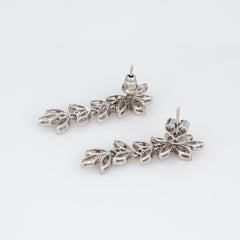 Diamond Fringe Drop Earrings 1.25" Vintage 18k White Gold Foliate Jewelry