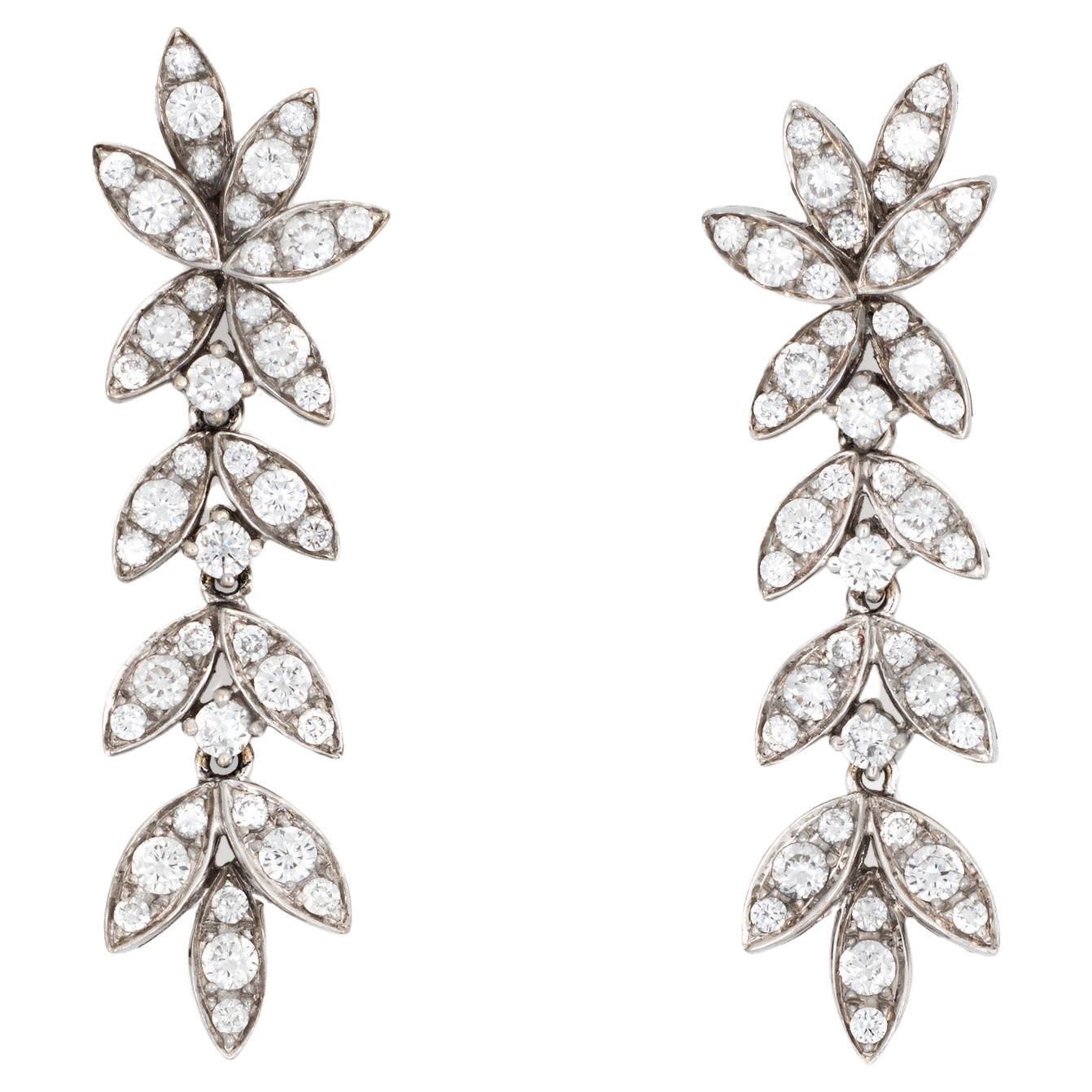 Diamond Fringe Drop Earrings 1.25" Vintage 18k White Gold Foliate Jewelry  For Sale