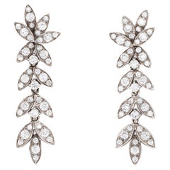 Diamond Fringe Drop Earrings 1.25" Vintage 18k White Gold Foliate Jewelry 
