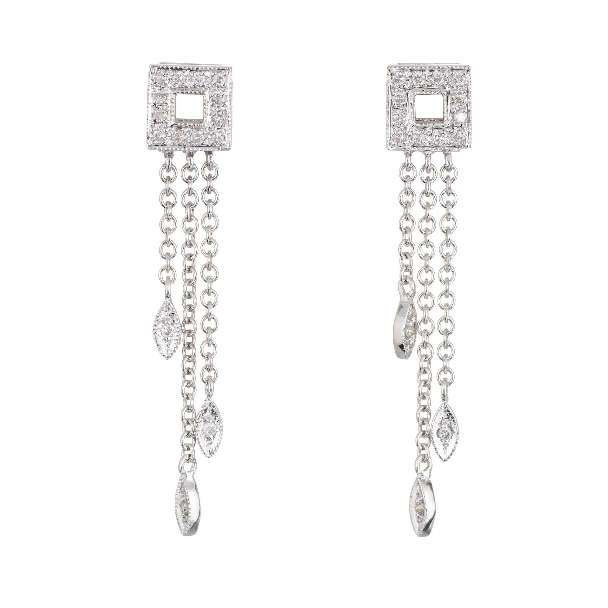 Round Cut Diamond Fringe Drop Earrings 14 Karat White Gold Estate Convertible Jewelry