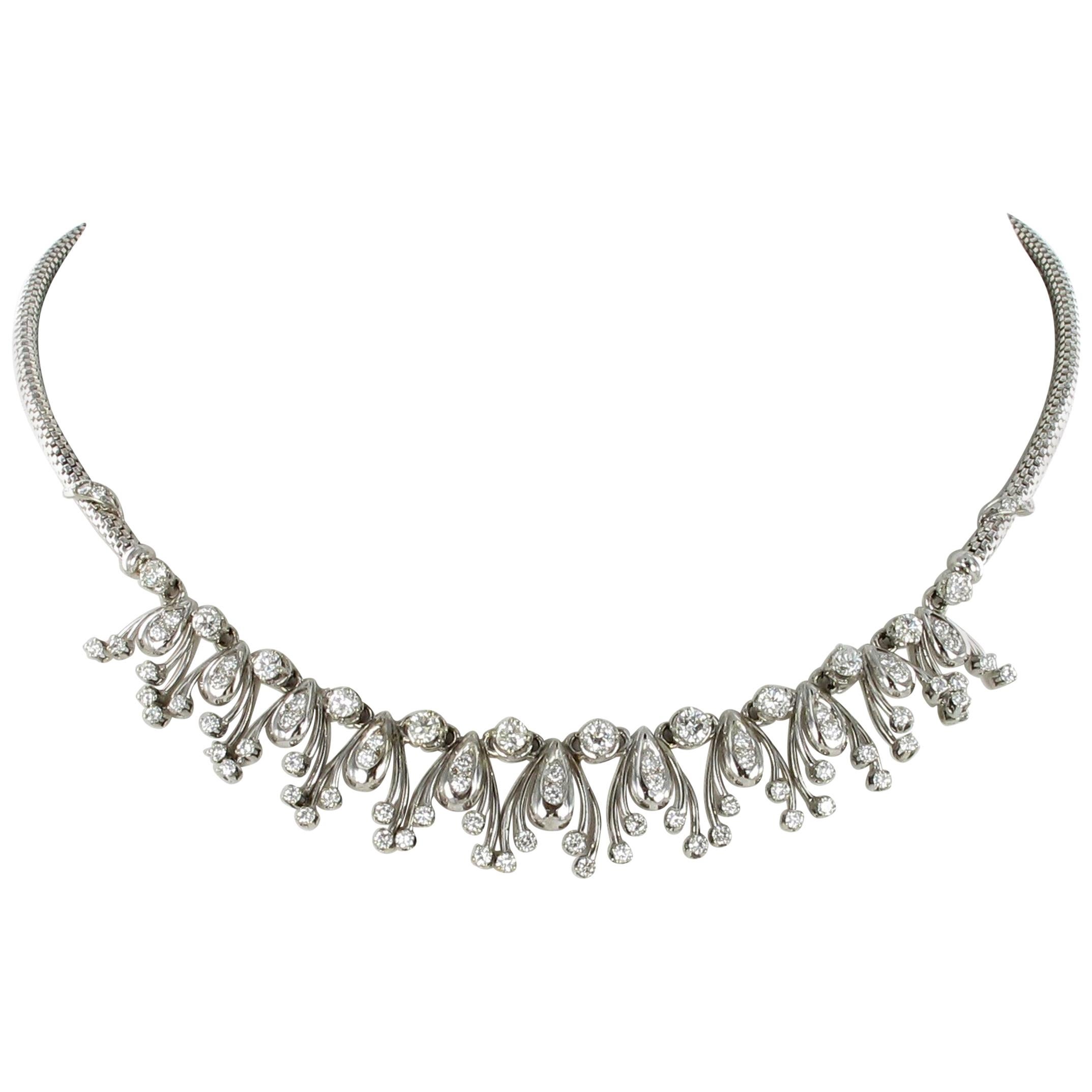 Diamond Fringe Necklace in 18 Karat White Gold For Sale