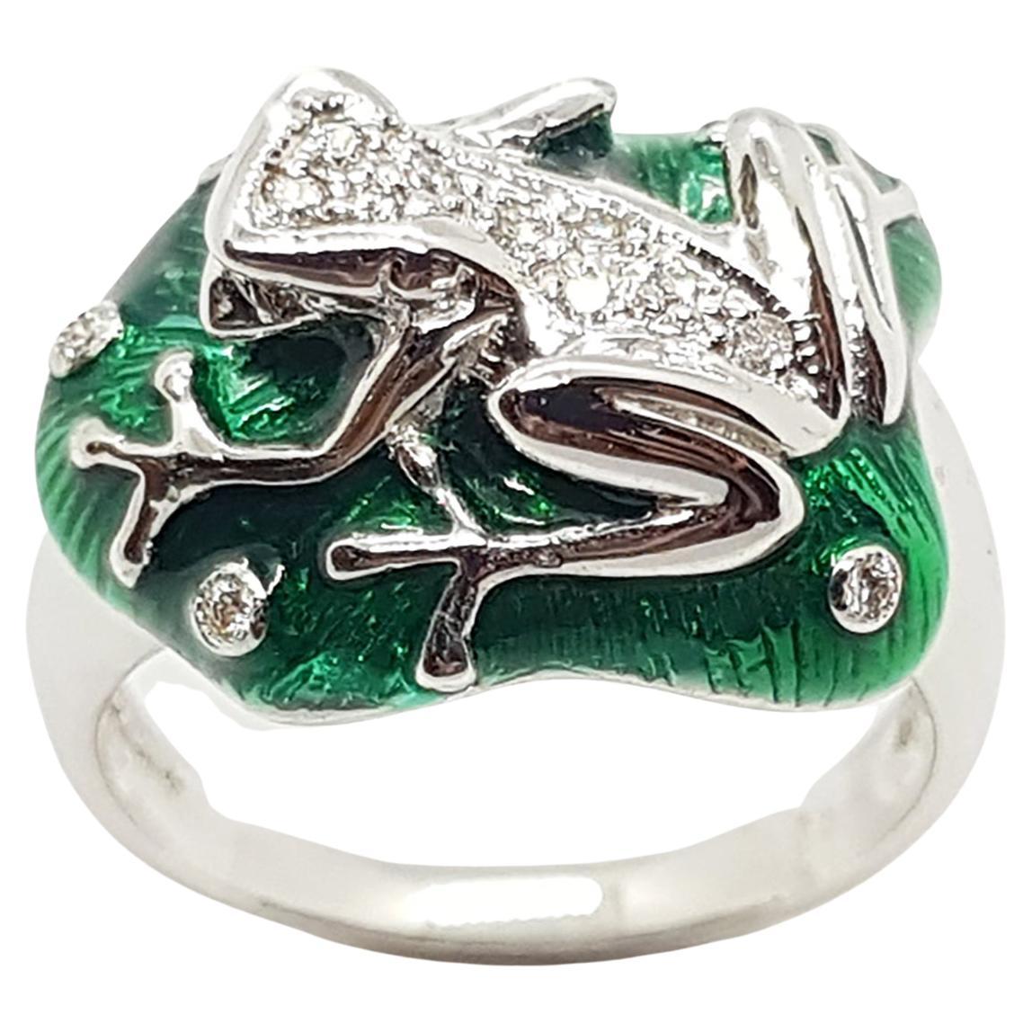Diamond Frog Ring Set in 18 Karat White Gold Settings For Sale