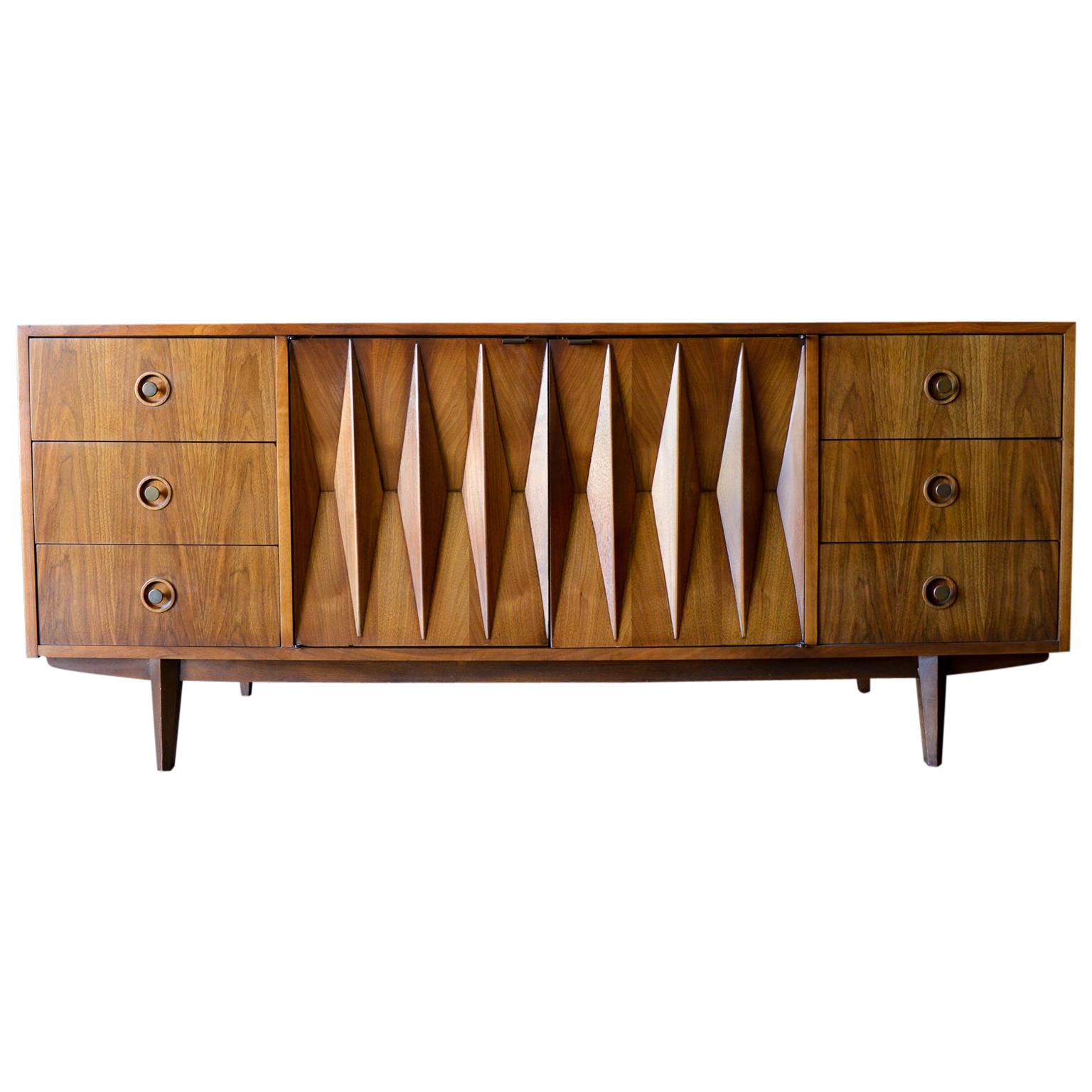 Diamond Front Sculpted Walnut Credenza by Albert Parvin, circa 1960