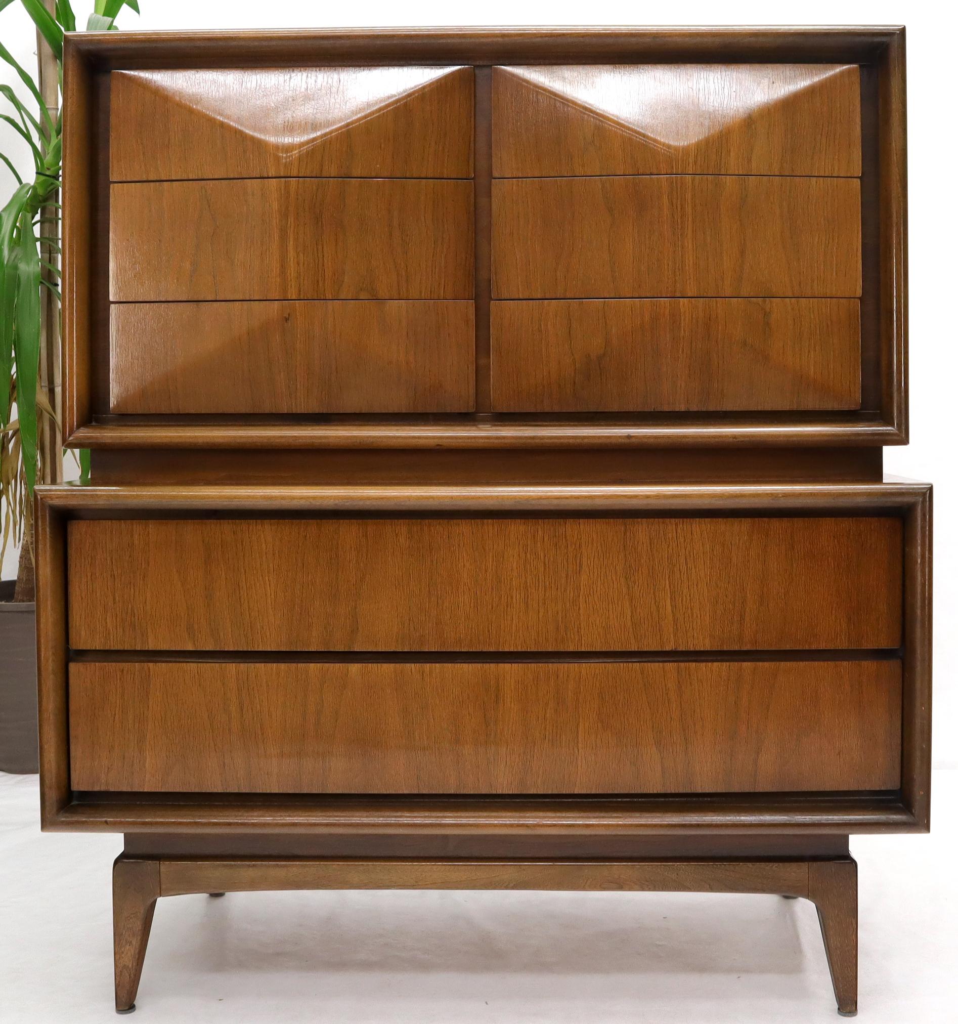 Lacquered Diamond Front Walnut Mid-Century Modern Double High Chest Dresser For Sale