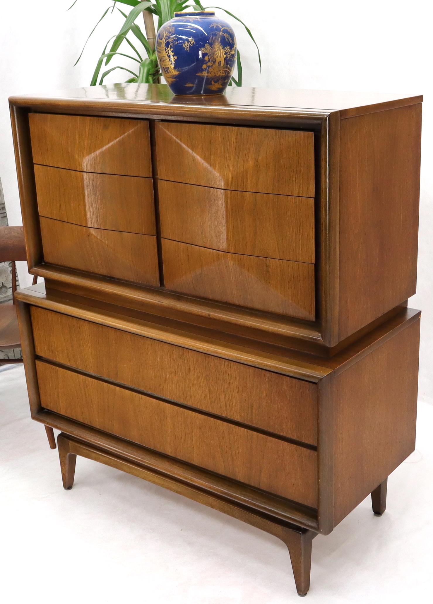 Diamond Front Walnut Mid-Century Modern Double High Chest Dresser In Good Condition For Sale In Rockaway, NJ