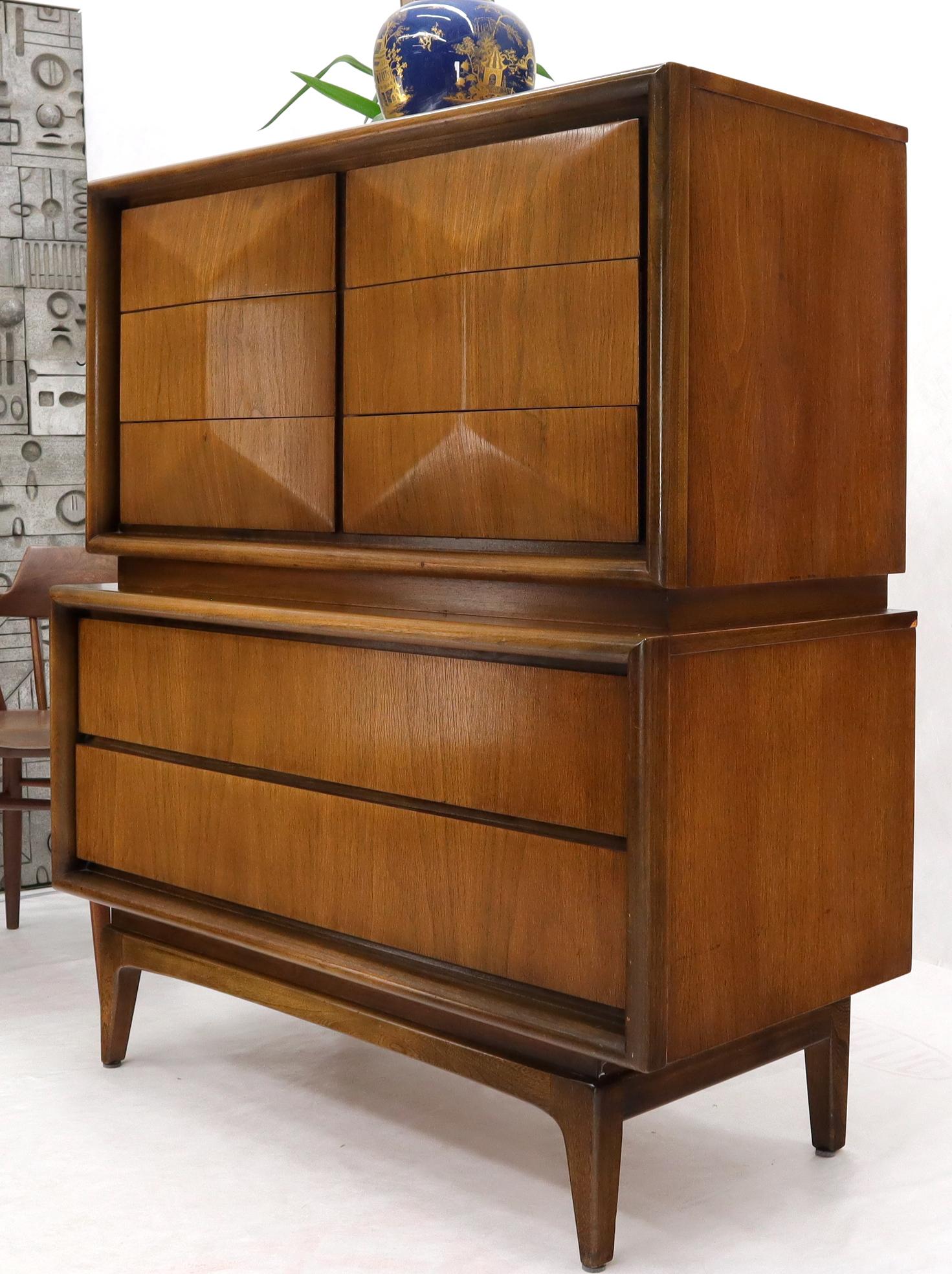 20th Century Diamond Front Walnut Mid-Century Modern Double High Chest Dresser For Sale