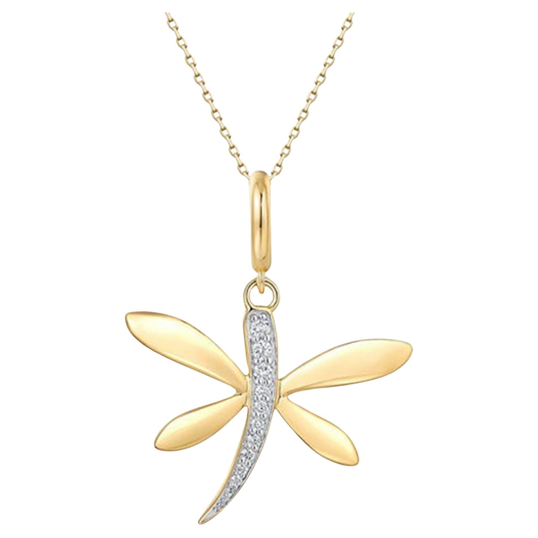 Diamond Full Cut Butterfly 14K (or 18k request) Yellow Gold Pendant Necklace For Sale