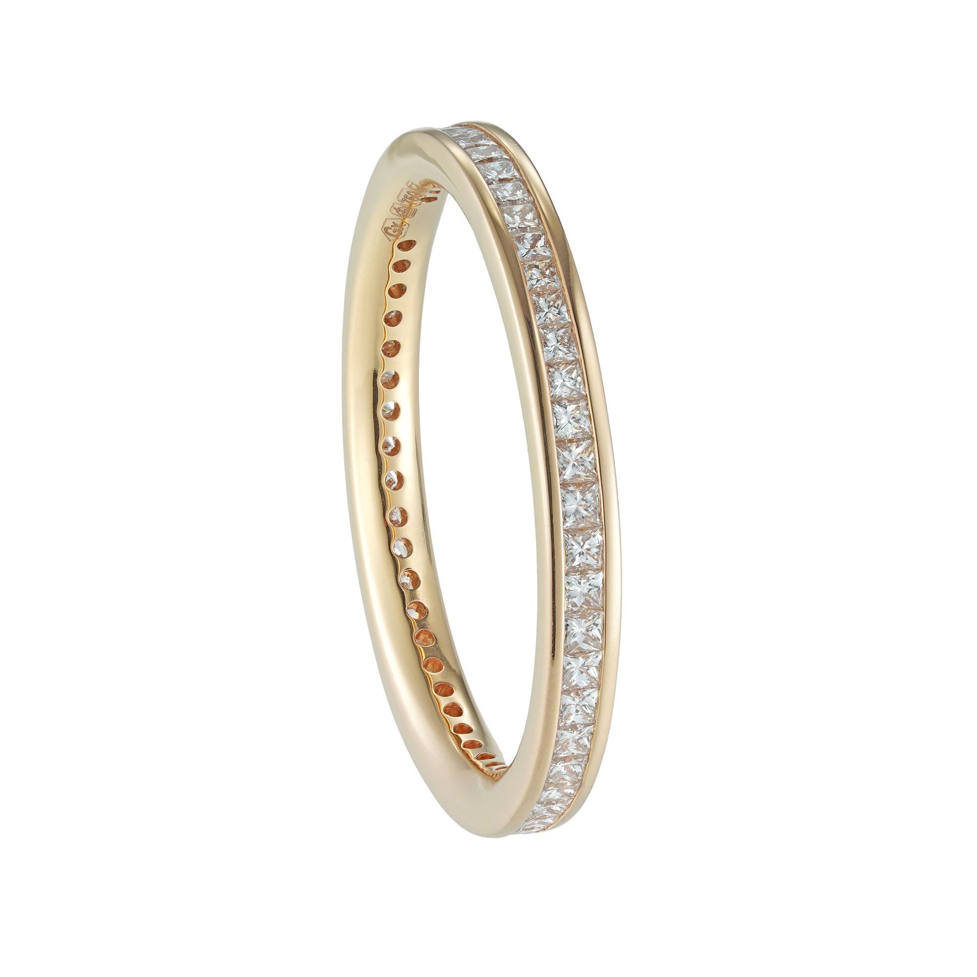 A diamond full eternity ring, the princess-cut diamonds weighing 0.62 carats in total, all channel-set in rose gold mount, hallmarked 18ct gold London, measuring approximately 2.3mm wide, finger size M ½, gross weight 2.3 grams.

A charming