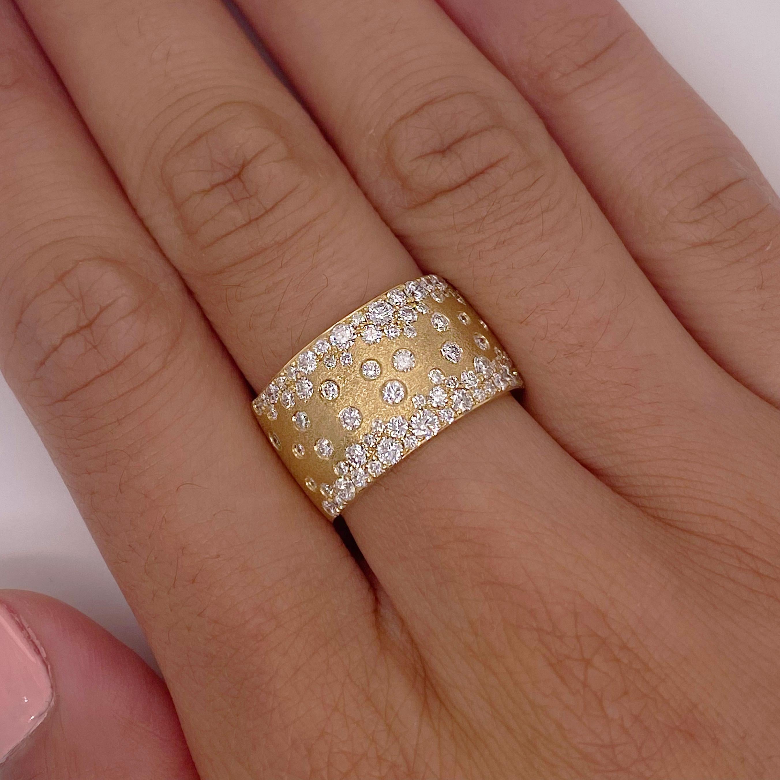 For Sale:  Confetti Galaxy Cigar Band, 18K Gold 12mm Wide, 1.54ct Diamond Ring Satin Finish 5