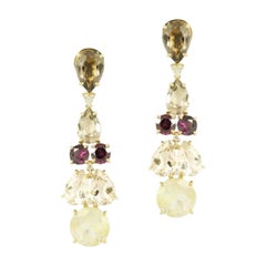 Pendants d'oreilles fantaisie en or jaune 18 carats avec diamants, grenats et quartz fantaisie