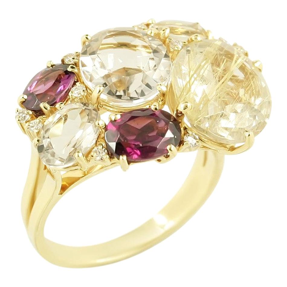 Diamond Garnet Fancy Quartz Yellow Gold 18 Karat Three-Stone Statement Ring For Sale