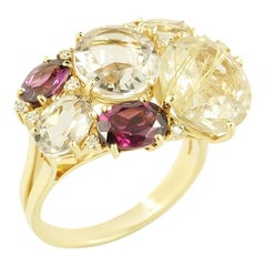 Diamante Granate Cuarzo Fantástico Oro Amarillo 18 Kilates Anillo de Tres Piedras con Declaración