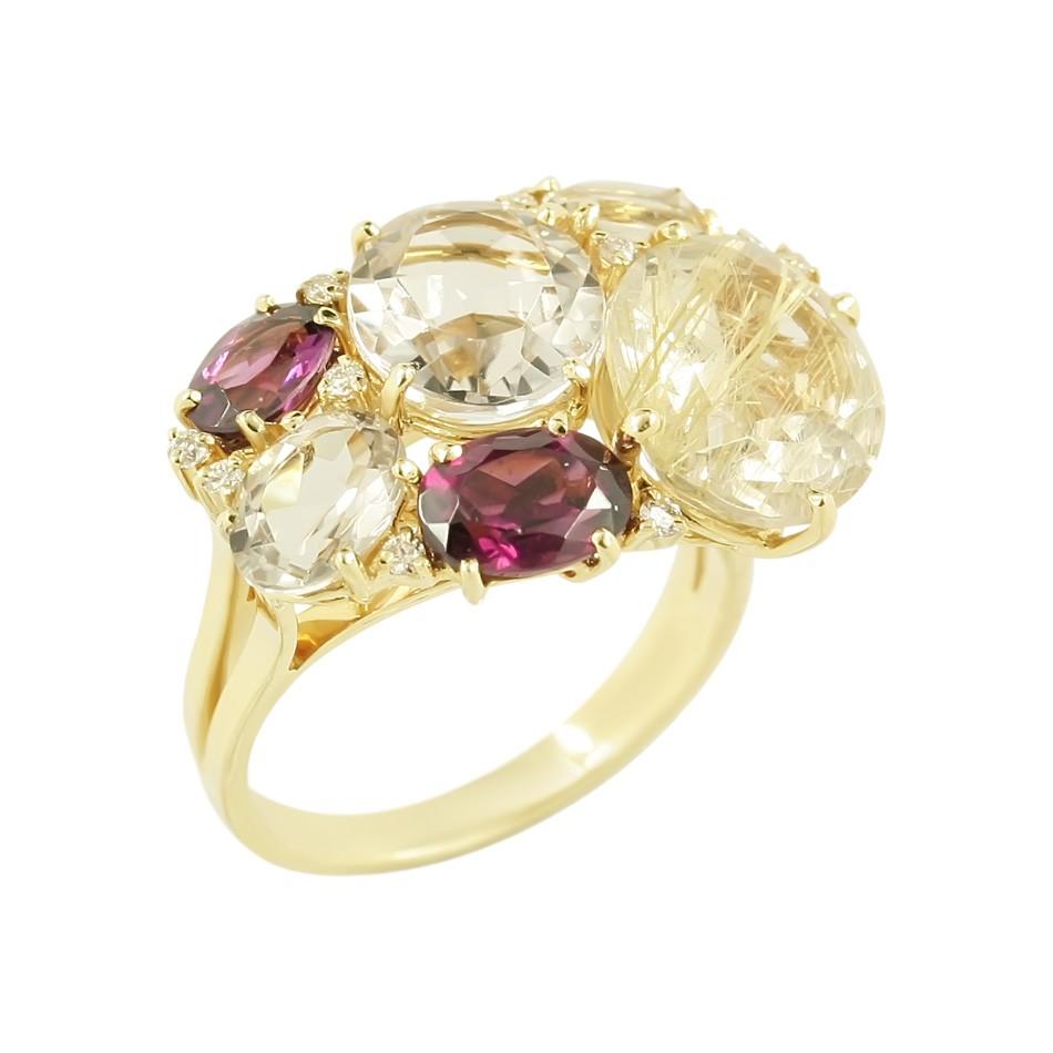 Taille ronde Pendants d'oreilles fantaisie en or jaune 18 carats avec diamants, grenats et quartz fantaisie en vente