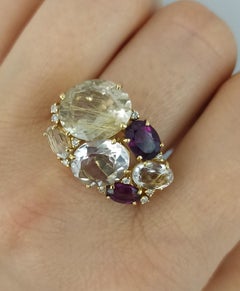 Diamond Garnet Fancy Quartz Yellow Gold 18 Karat Three-Stone Statement Ring