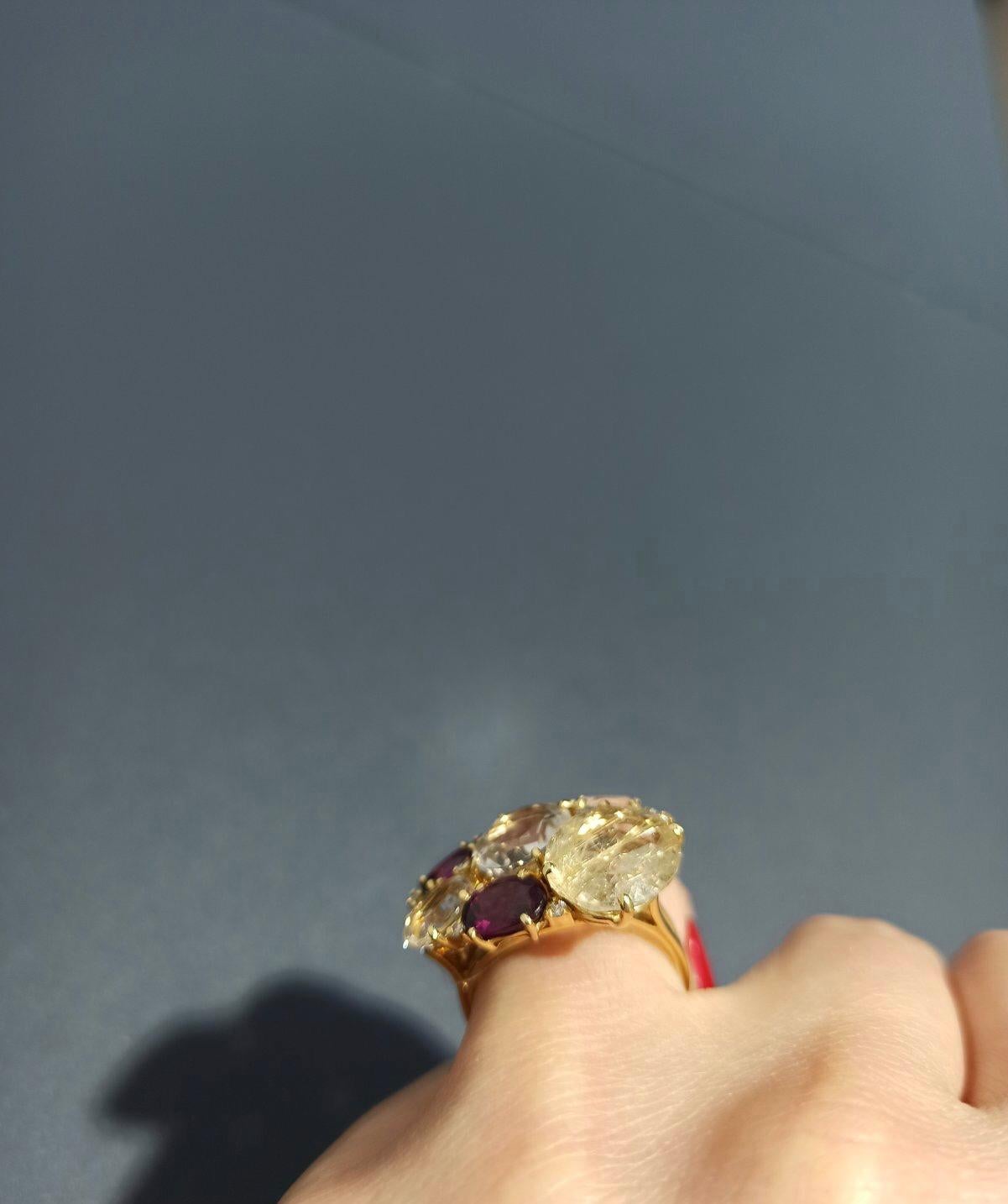 Modern Diamond Garnet Fancy Quartz Yellow Gold 18 Karat Three-Stone Statement Ring For Sale