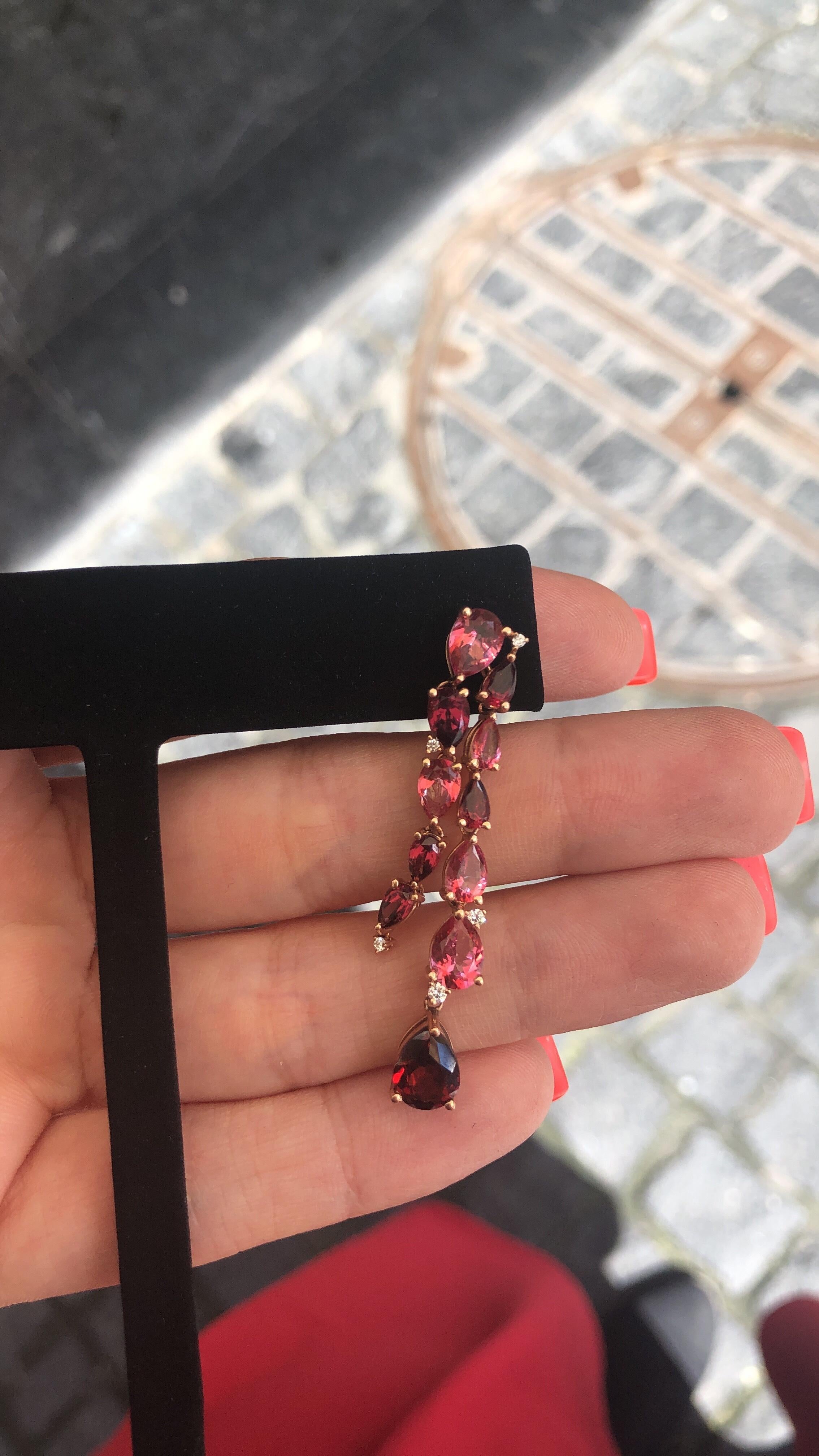 Pear Cut Diamond Garnet Rhodolit Topaz Rose Gold Dangle Earrings For Sale