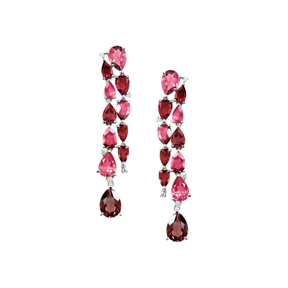 Pendants d'oreilles en or rose avec diamants, grenats, rhodolite et topaze