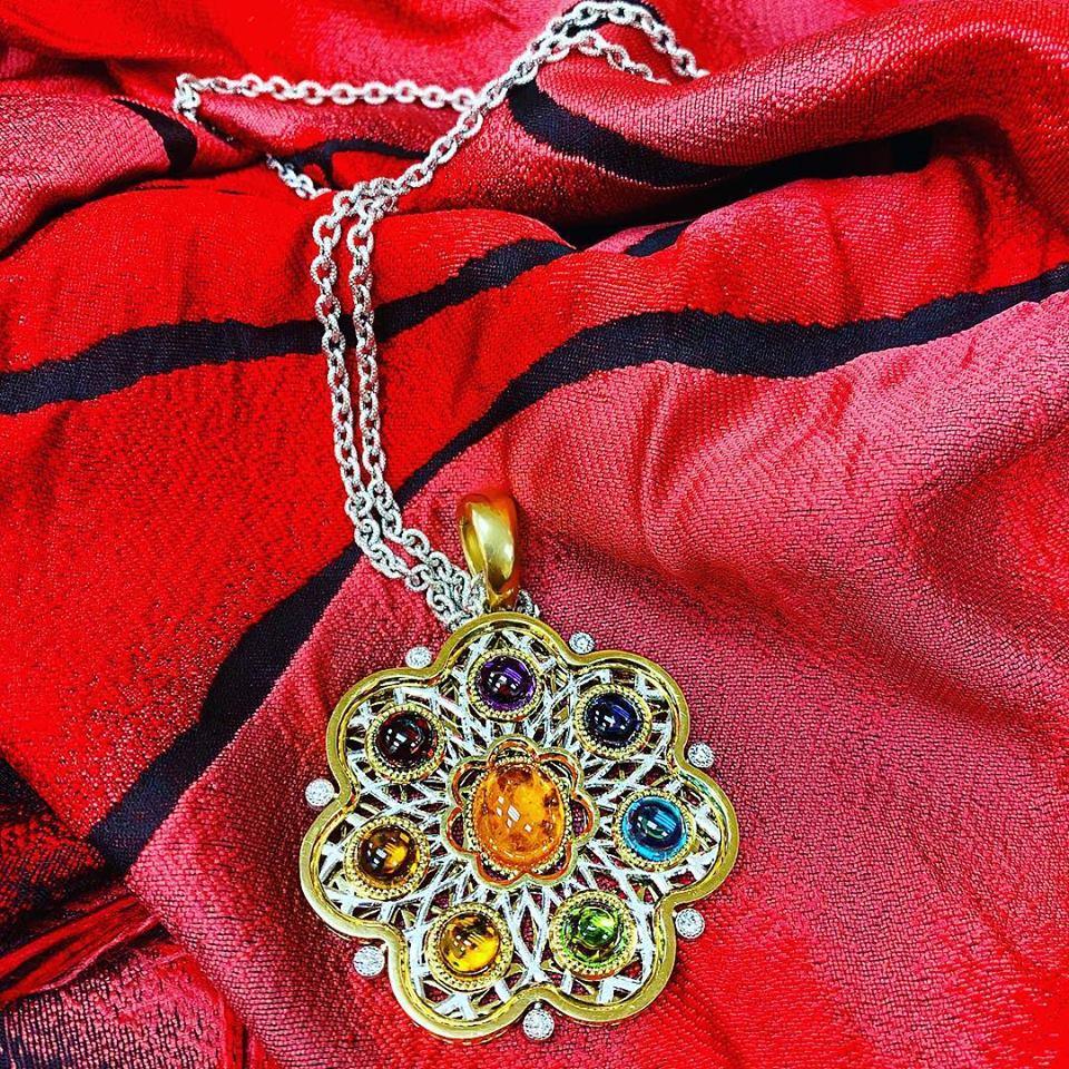 Diamond Garnet Ruby Peridot Topaz Citrine Iolite Amethyst Gold Brooch Pendant 1