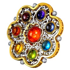 Brosche/Anhänger mit Diamant, Granat, Rubin, Peridot, Topas, Citrin, Iolith, Amethyst in Gold