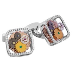 Diamond Gear Cufflinks In Rhodium Plated Silver
