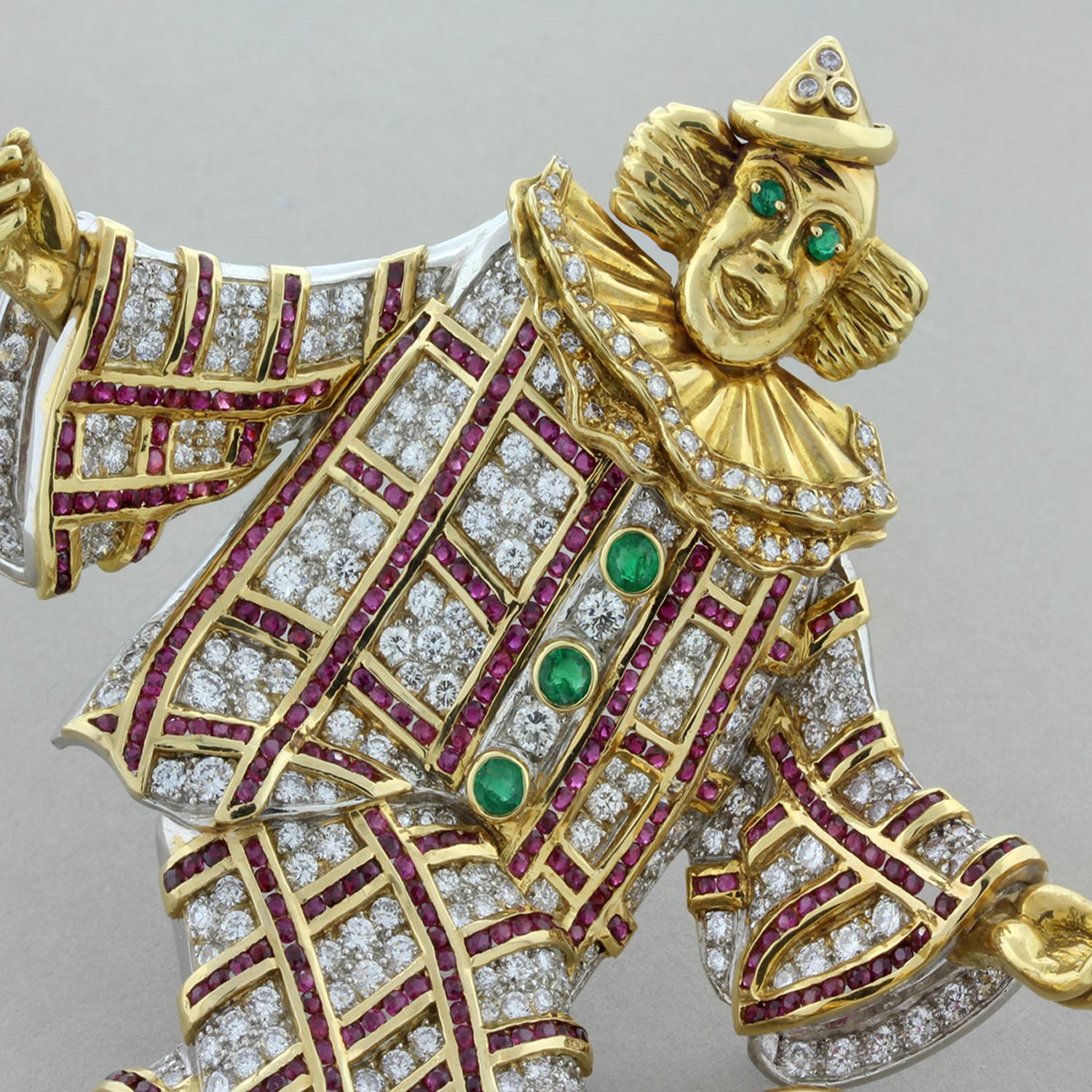 Women's or Men's Diamond Gem Ruby Emerald Gold Platinum Clown Brooch For Sale