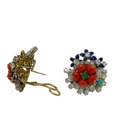 Diamond, Gemstone and Enamel Flower Earrings