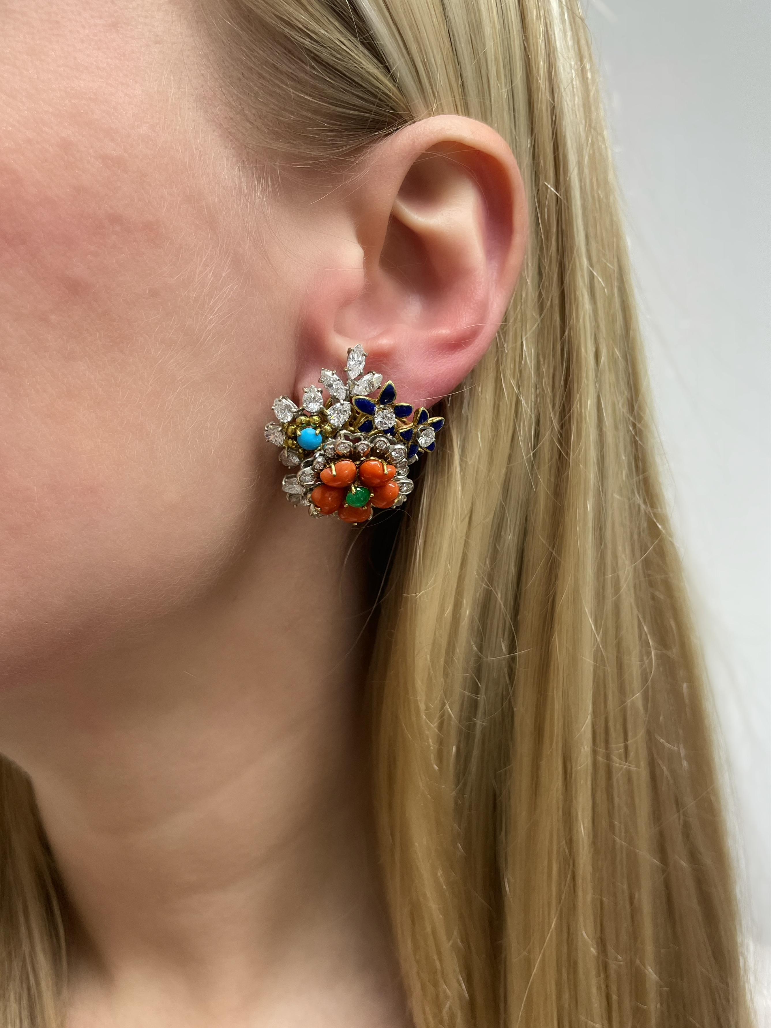 Round Cut Diamond, Gemstone and Enamel Flower Earrings For Sale