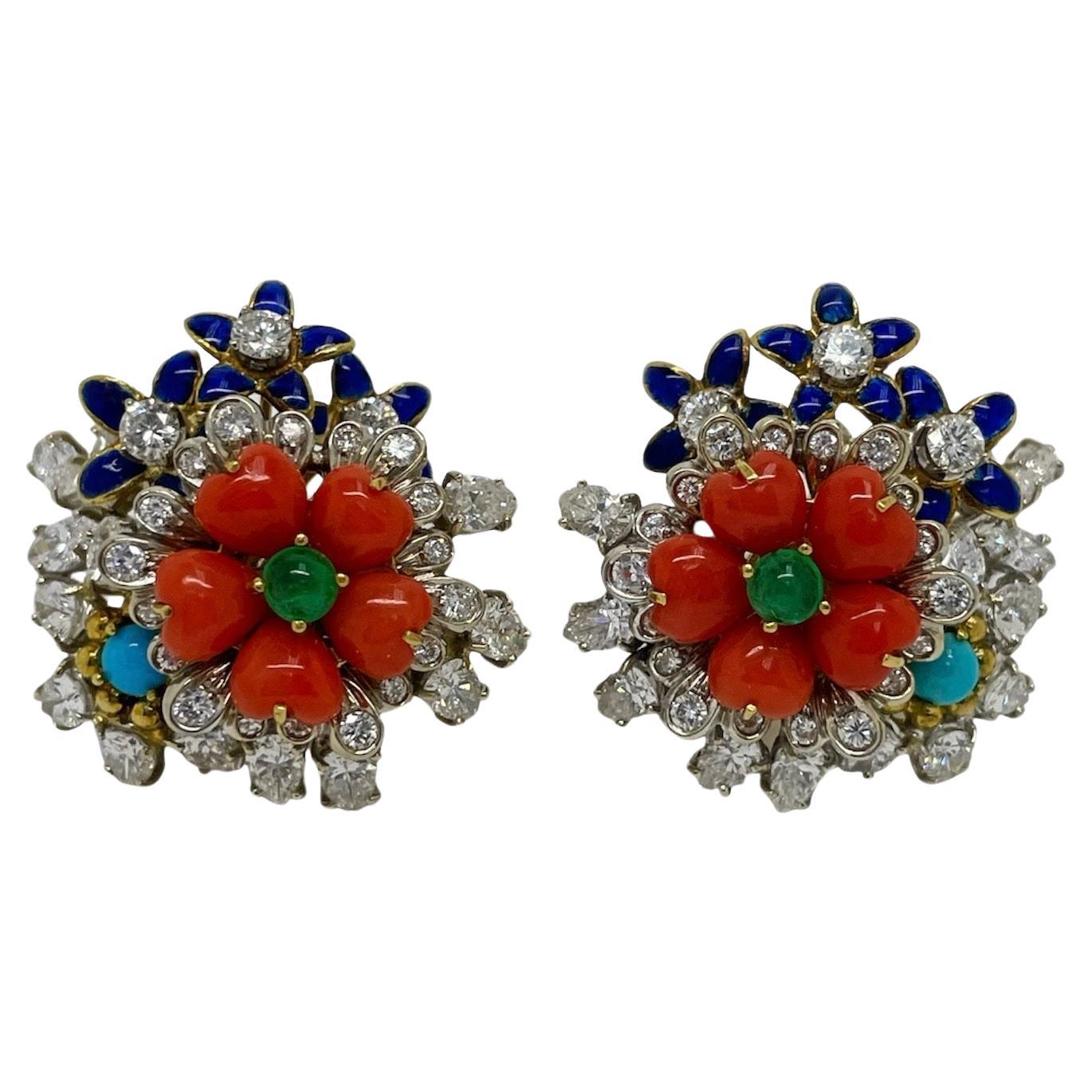 Diamond, Gemstone and Enamel Flower Earrings For Sale