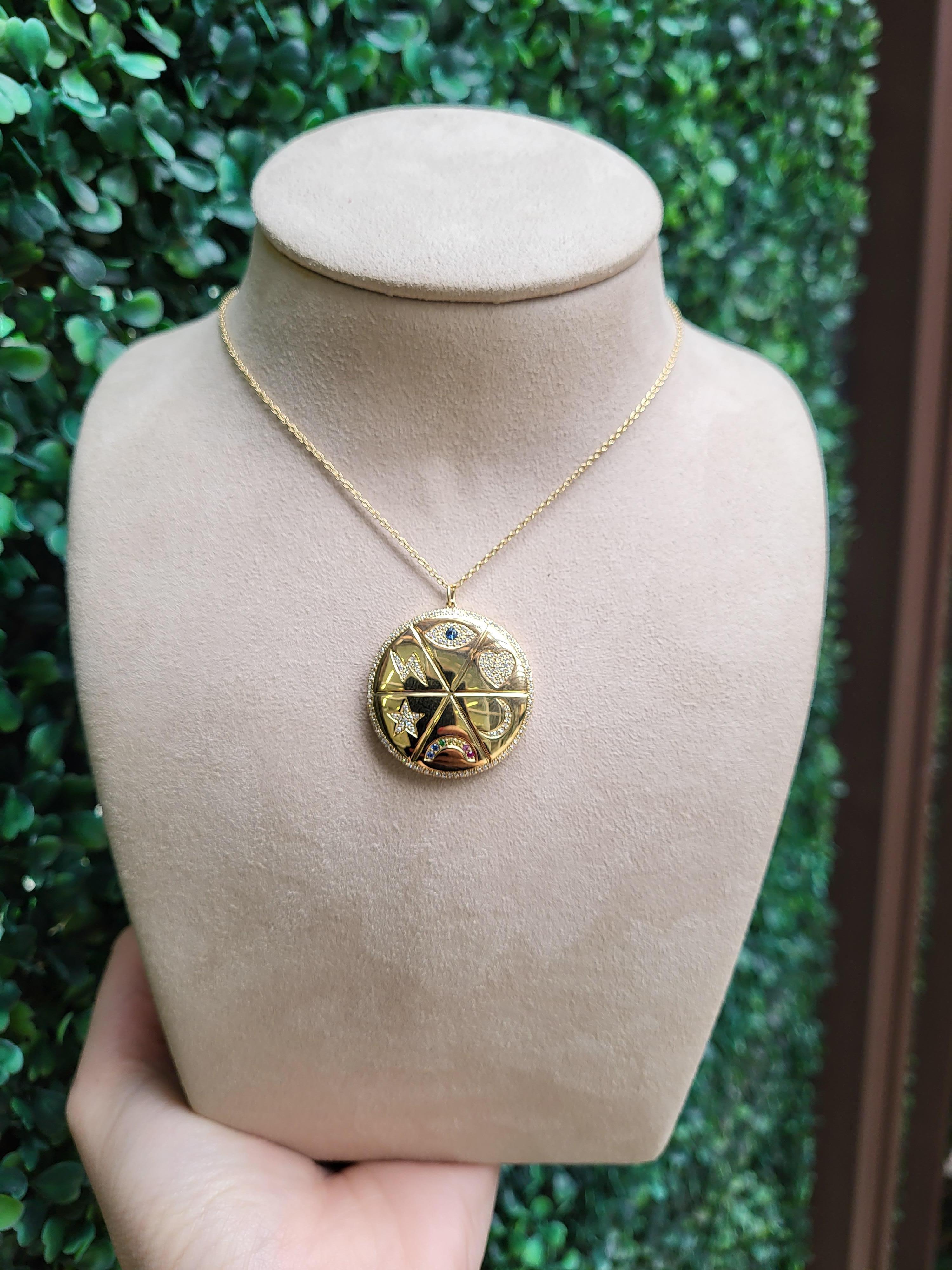 Diamant- und Edelstein Multi Symbol 14 Karat Gelbgold Medaillon Halskette 6