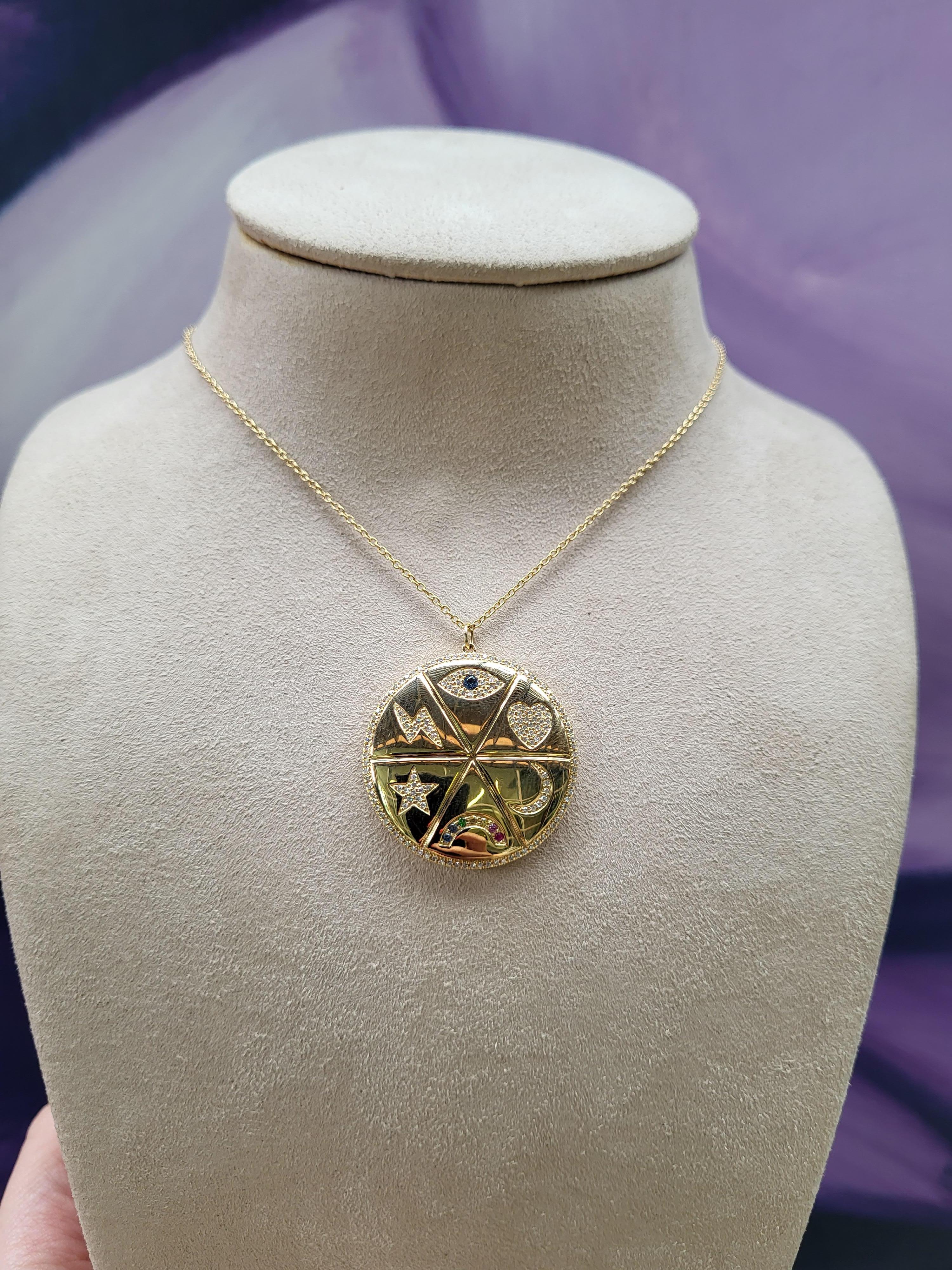 Diamant- und Edelstein Multi Symbol 14 Karat Gelbgold Medaillon Halskette (Rundschliff) im Angebot