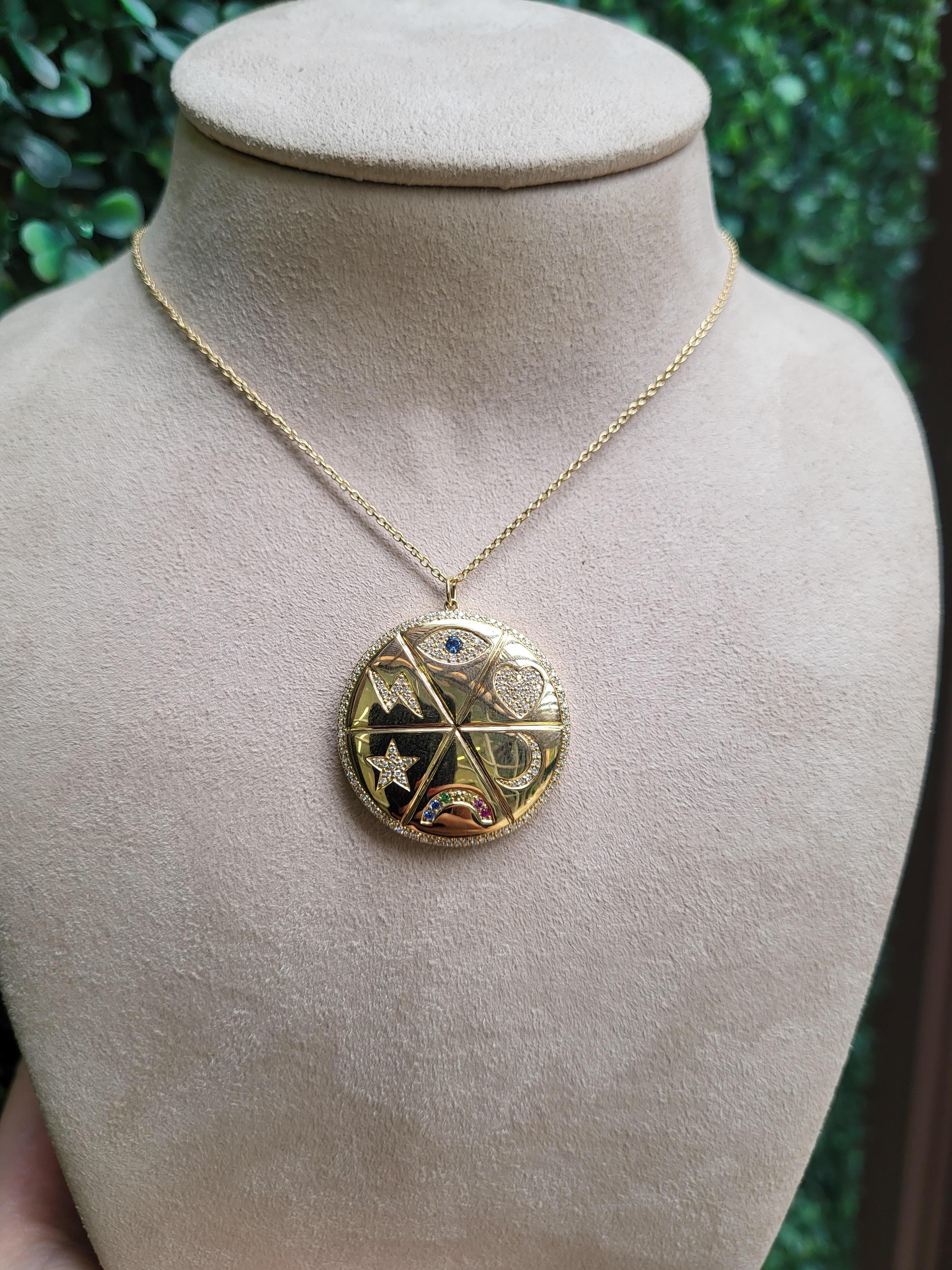 Diamant- und Edelstein Multi Symbol 14 Karat Gelbgold Medaillon Halskette im Zustand „Neu“ im Angebot in Houston, TX