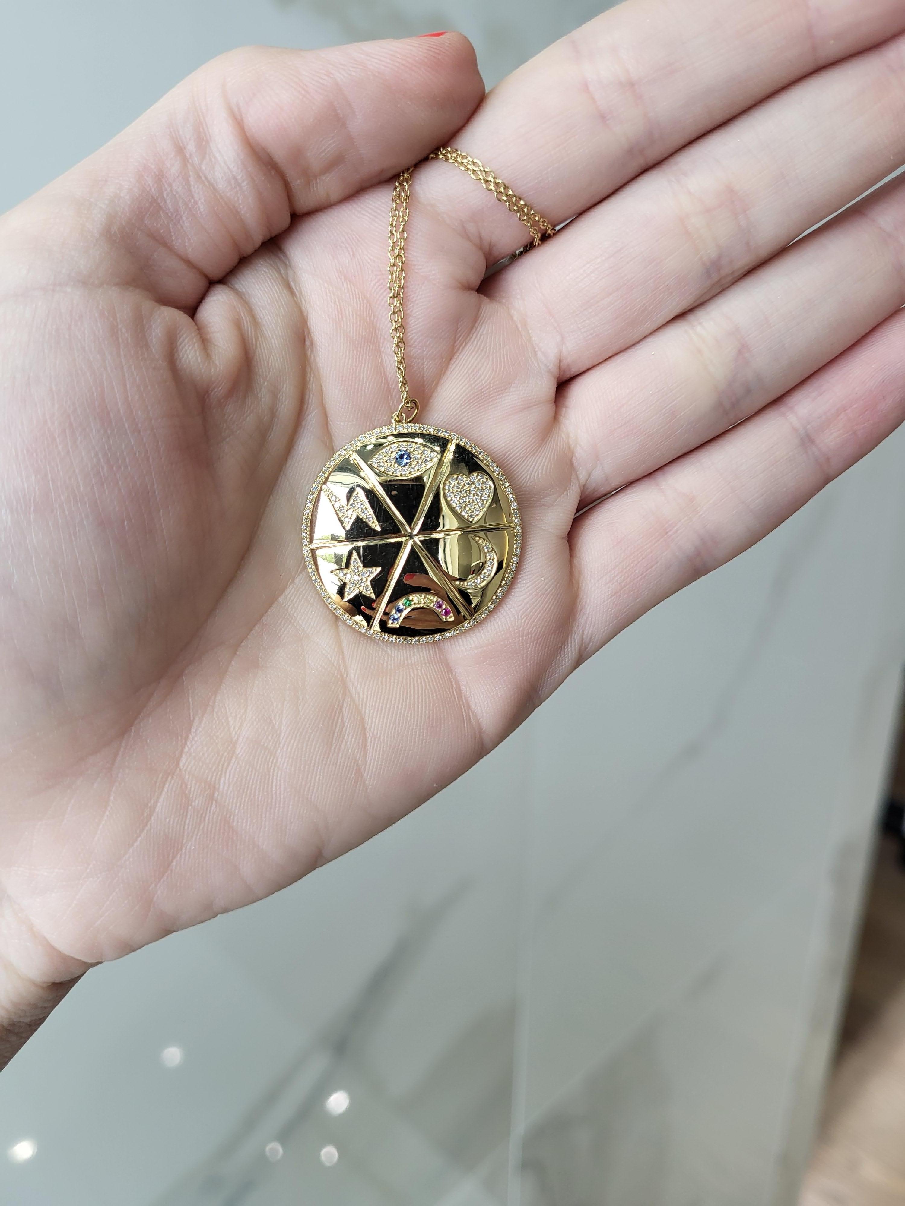 Diamant- und Edelstein Multi Symbol 14 Karat Gelbgold Medaillon Halskette für Damen oder Herren im Angebot