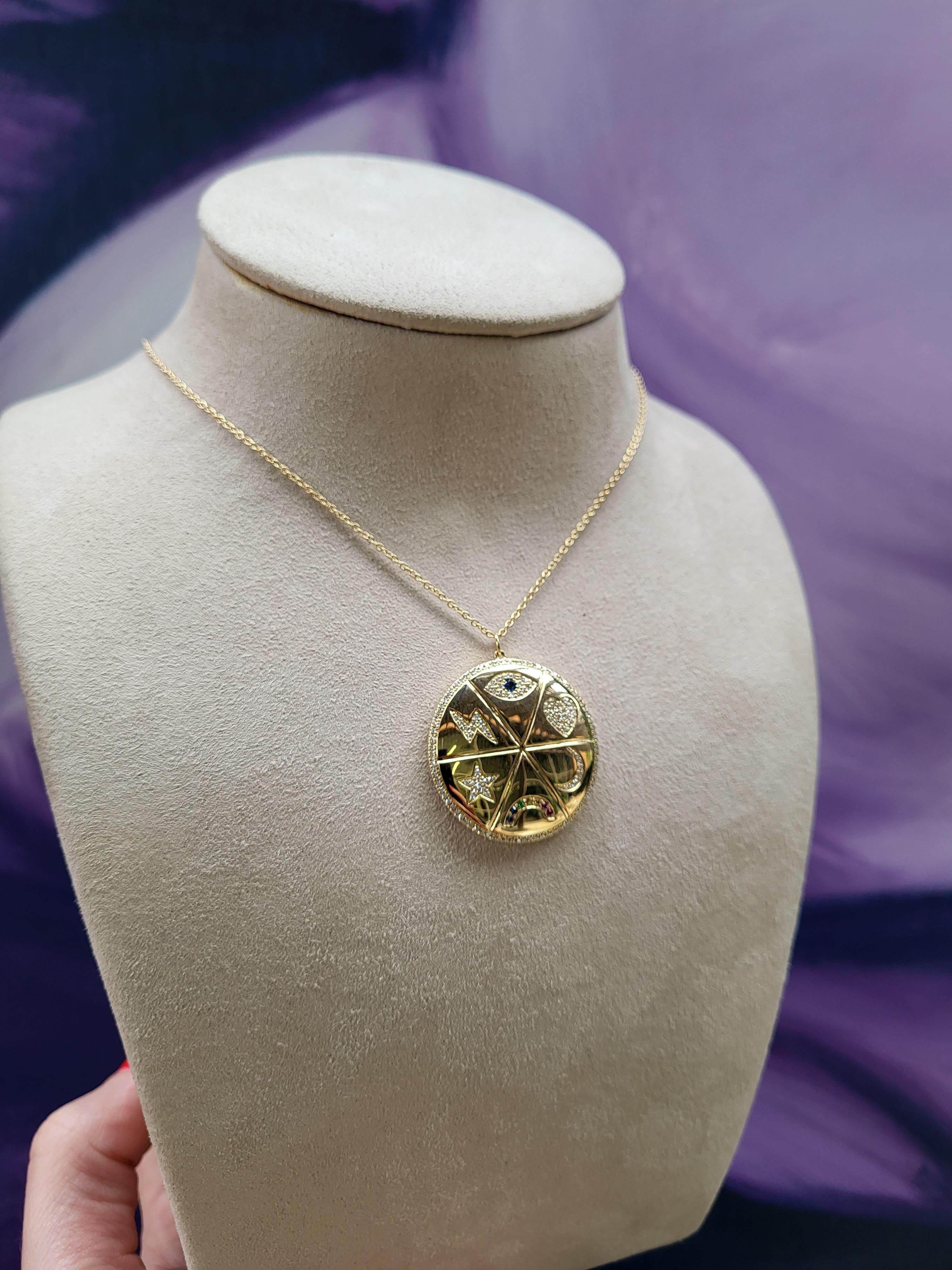 Diamond & Gemstone Multi Symbol 14 Karat Yellow Gold Medallion Necklace In New Condition For Sale In Houston, TX