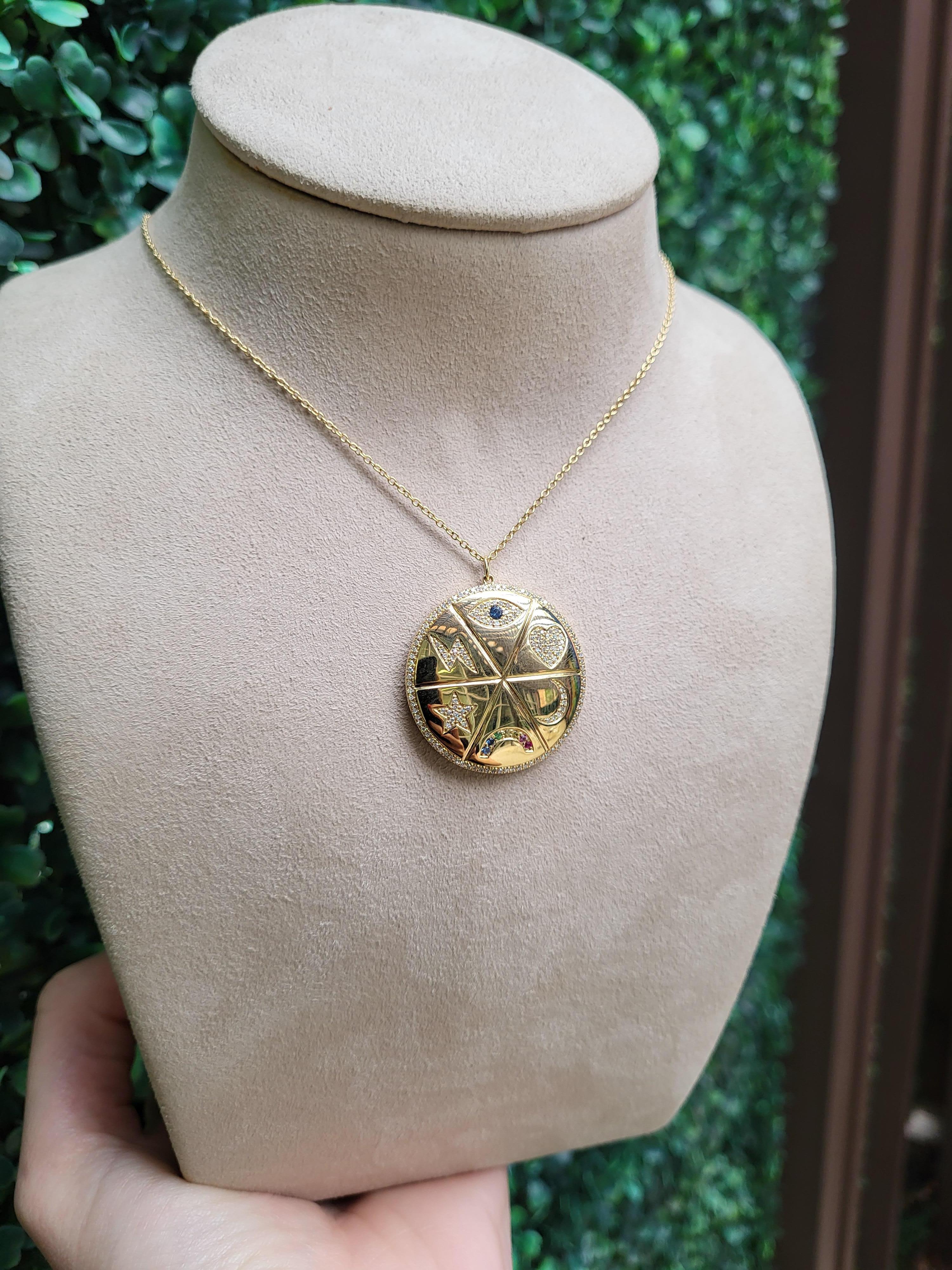 Diamant- und Edelstein Multi Symbol 14 Karat Gelbgold Medaillon Halskette im Angebot 4